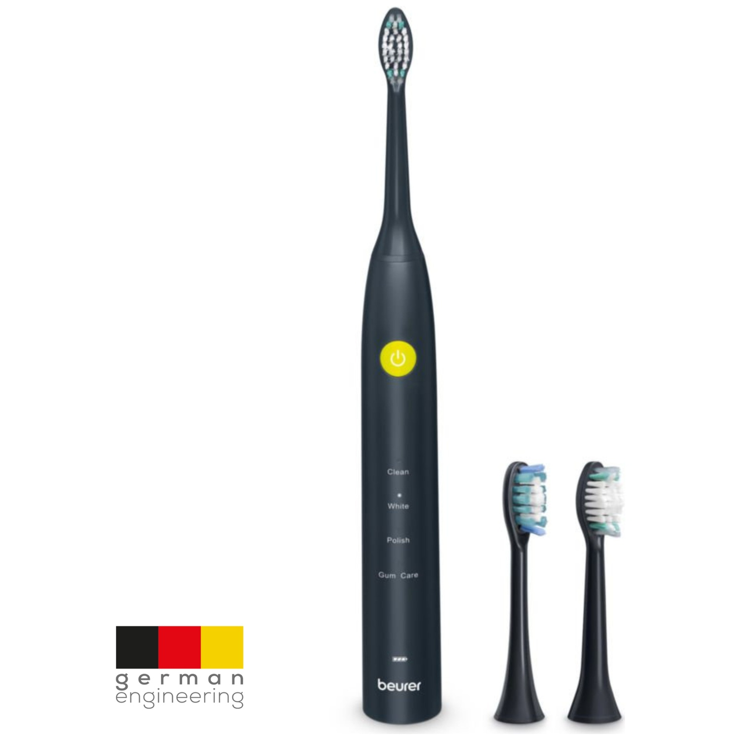 Brosse à dents électrique. Manche bleu foncé avec bouton d'alimentation jaune. Comprend deux têtes. Logo ingénierie allemande présent.