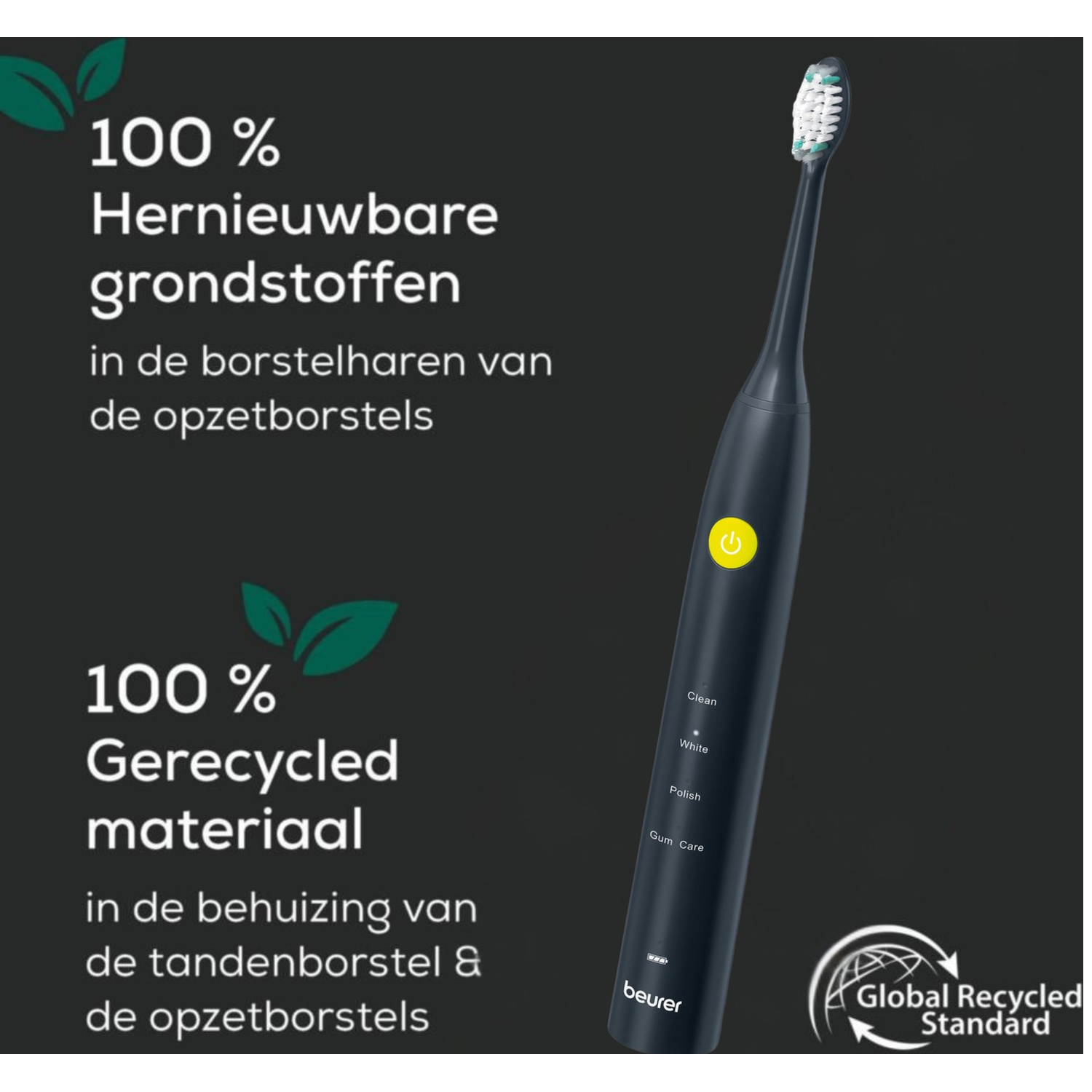 Une brosse à dents électrique bleu foncé avec une tête de brosse blanche et verte. Le texte à gauche promeut les matériaux renouvelables et recyclés.