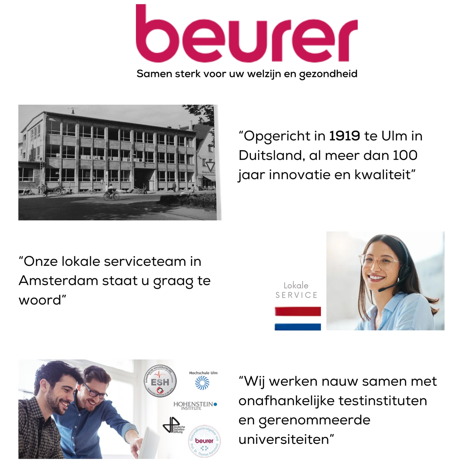 L'image présente le logo Beurer, du texte et des photos d'un bâtiment, du service client et de personnes travaillant ensemble.