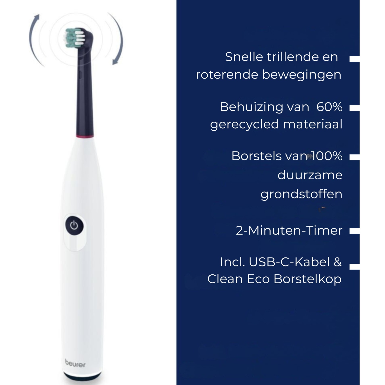 Electric toothbrush with green bristles. White handle. Text on the right: features, including recycled material and USB-C cable.