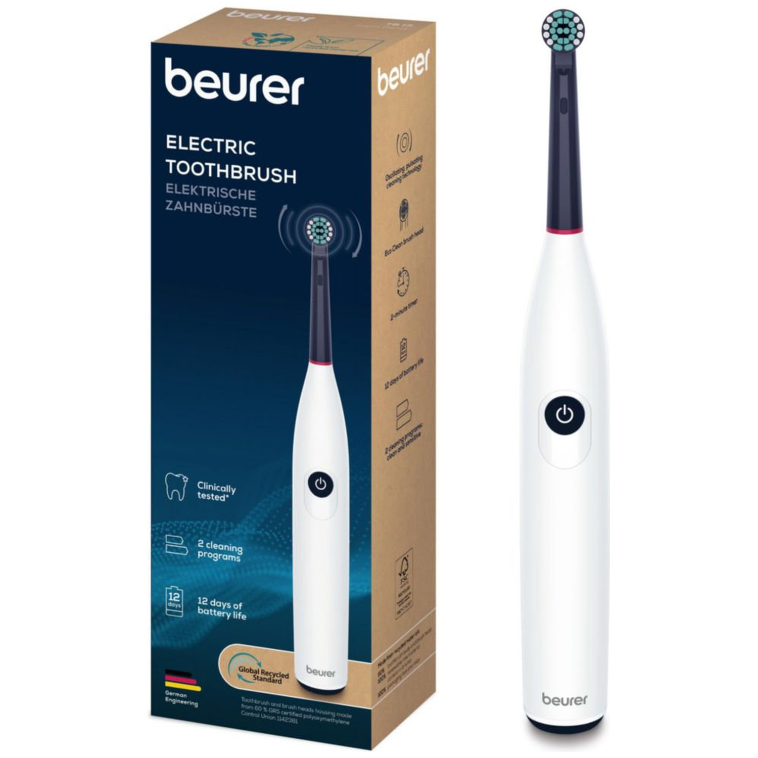 An electric toothbrush and its box are displayed. The toothbrush is white, with a black handle, and a blue brush head. The box is brown.