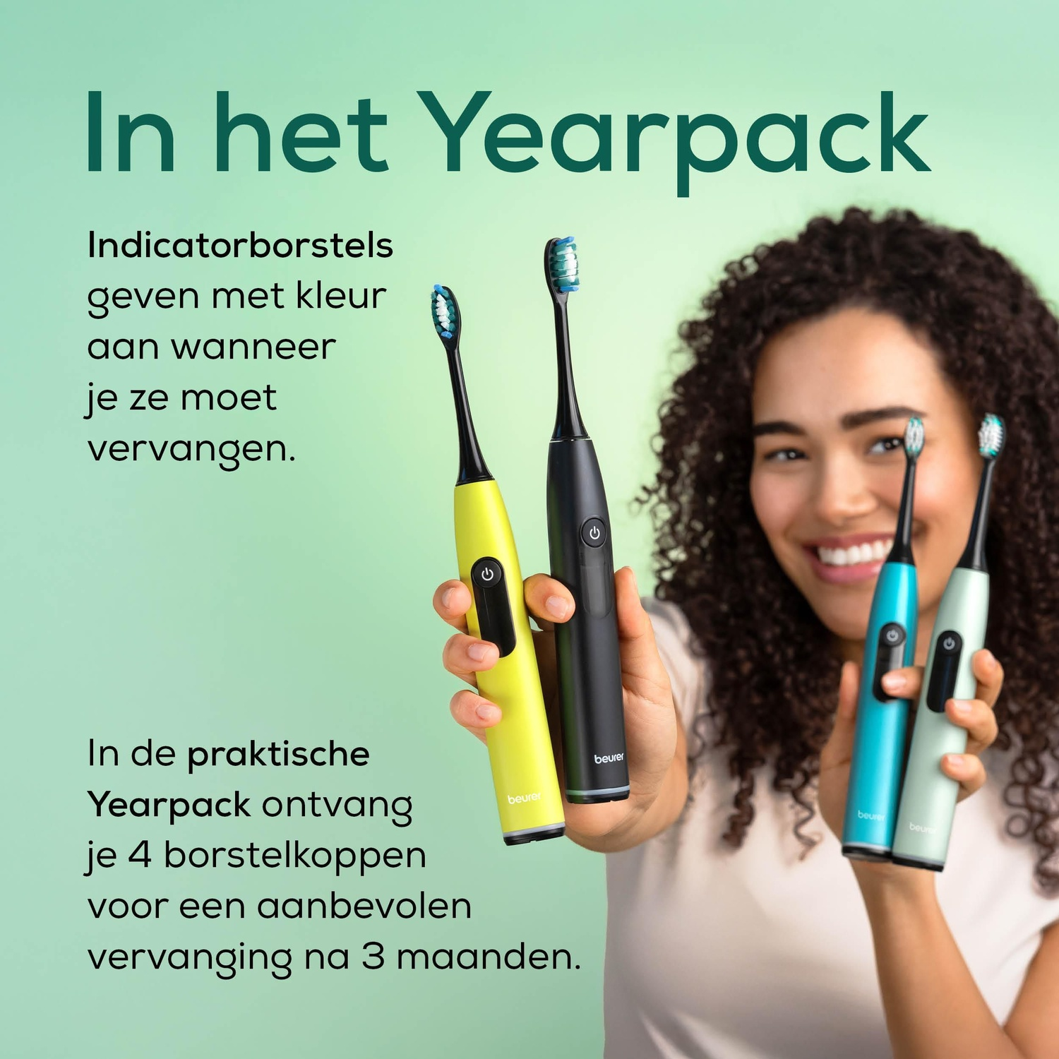 Woman holding four electric toothbrushes, yellow, black, blue and green, against a green background with text.