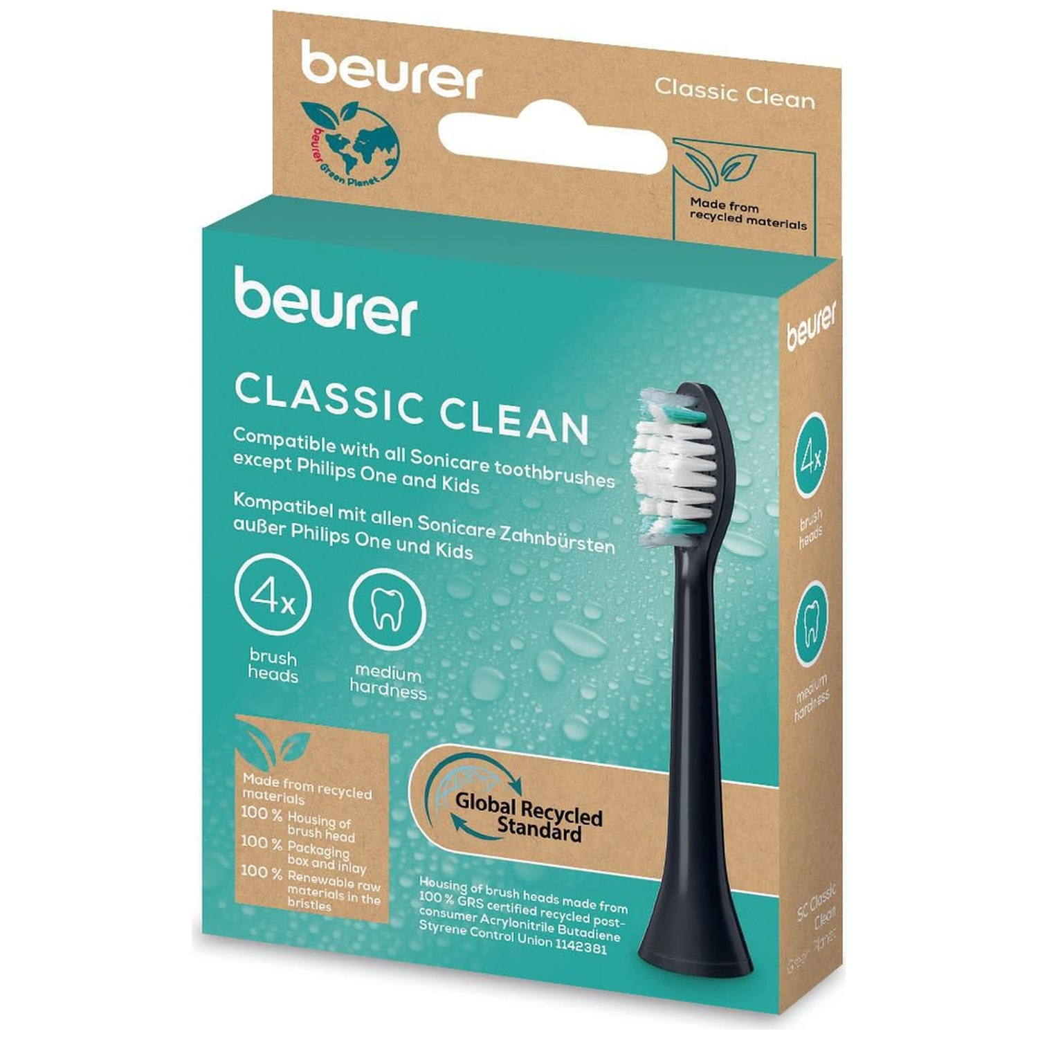 Box of Beurer Classic Clean toothbrush heads. The box is teal and brown, and features an image of a toothbrush head.