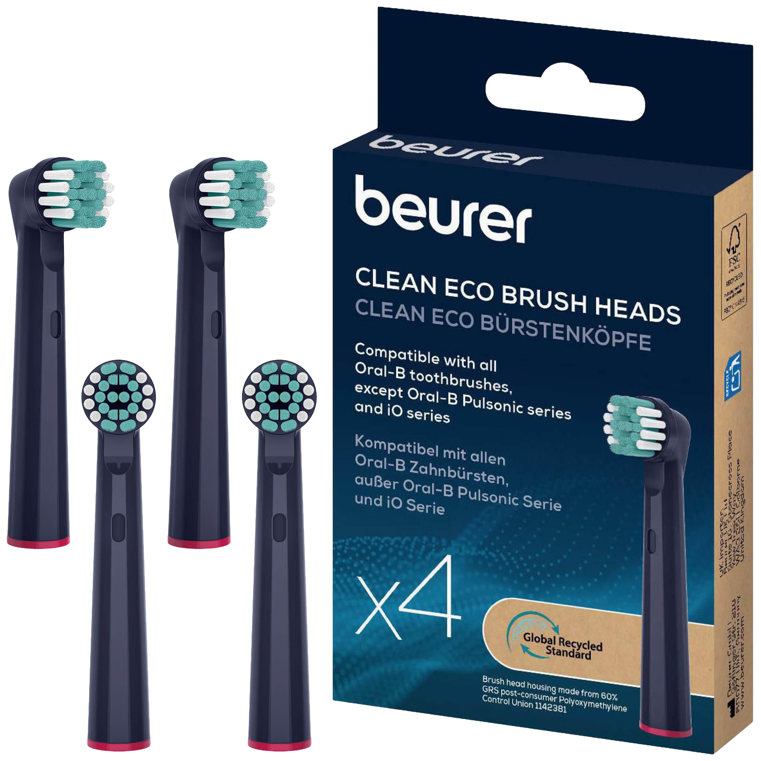 Vier tandenborstelkoppen met groene borstelharen en een doos. Op de doos staat 'Clean Eco Brush Heads' en 'beurer'.