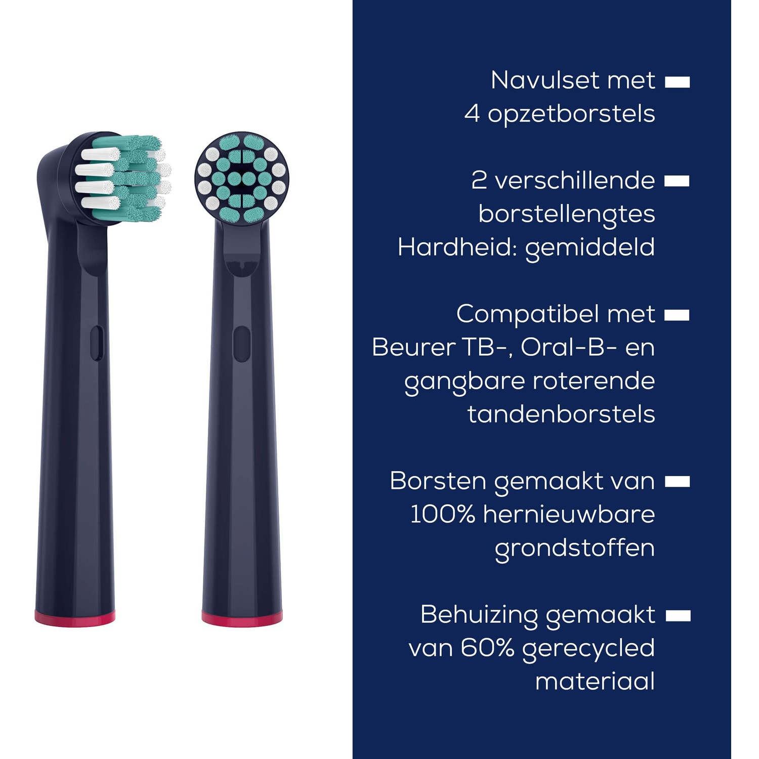 Twee donkerblauwe tandenborstelkoppen met witte en groene borstelharen. Tekst rechts beschrijft de producteigenschappen.