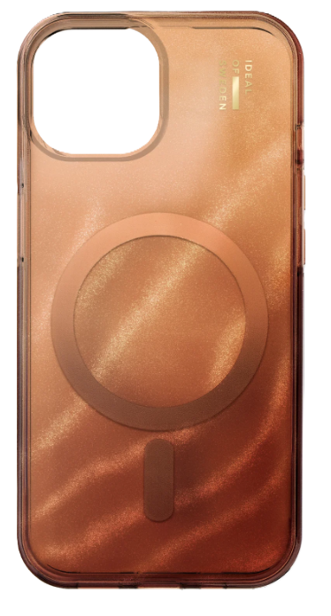 Eine klare iPhone-Hülle mit einem Bronzegradienten. Ein kreisförmiger magnetischer Ladepunkt ist zentriert. Der Kameraausschnitt des Telefons ist sichtbar.