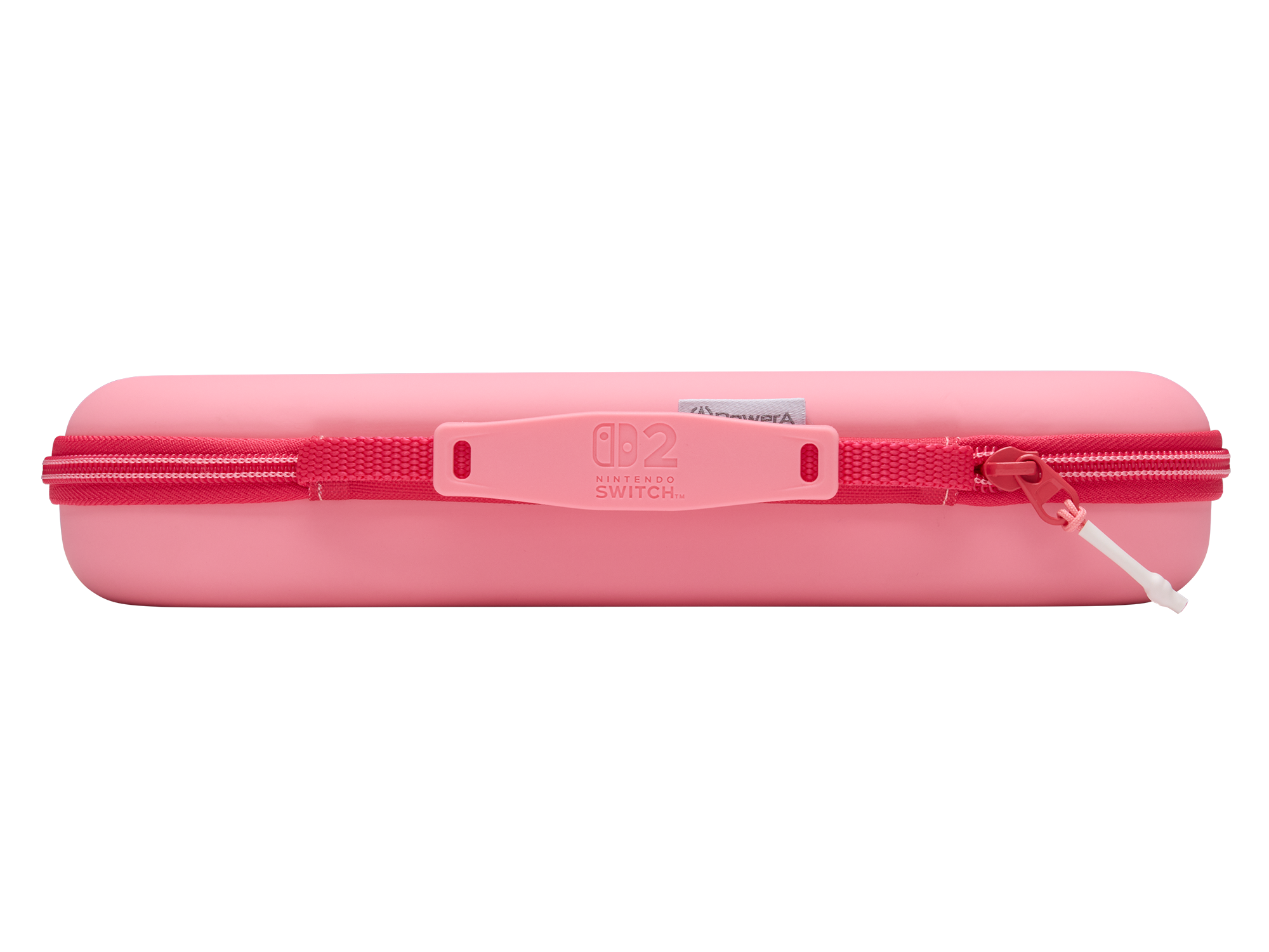 Rosa Nintendo Switch Hülle. Sie hat einen roten Reißverschluss, einen Griff und ein Nintendo Switch-Logo. Der Hintergrund ist weiß.
