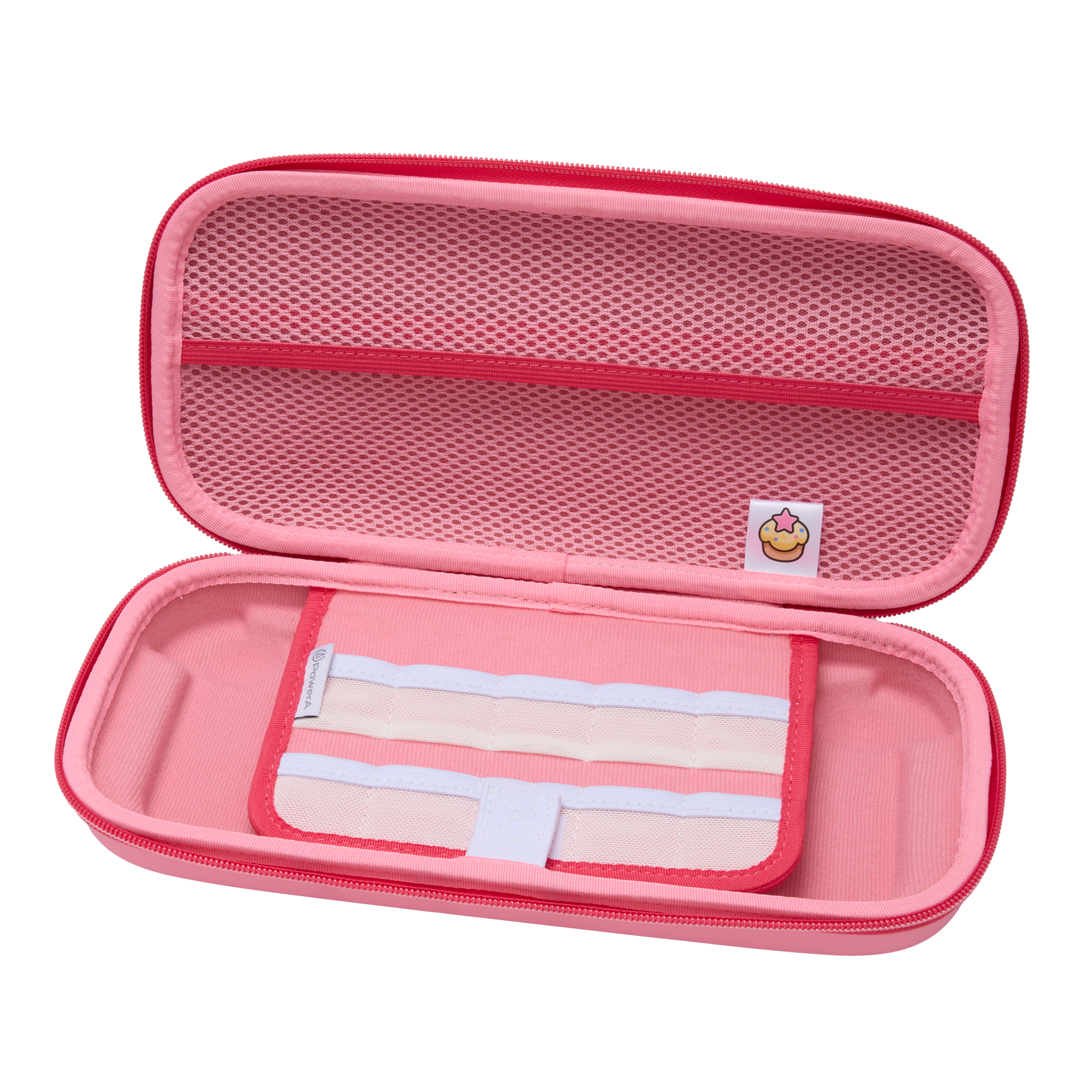 Offenes rosa Federmäppchen mit Netztasche und Organizer. Im Deckel befindet sich ein Aufkleber mit einem lachenden Gesicht.