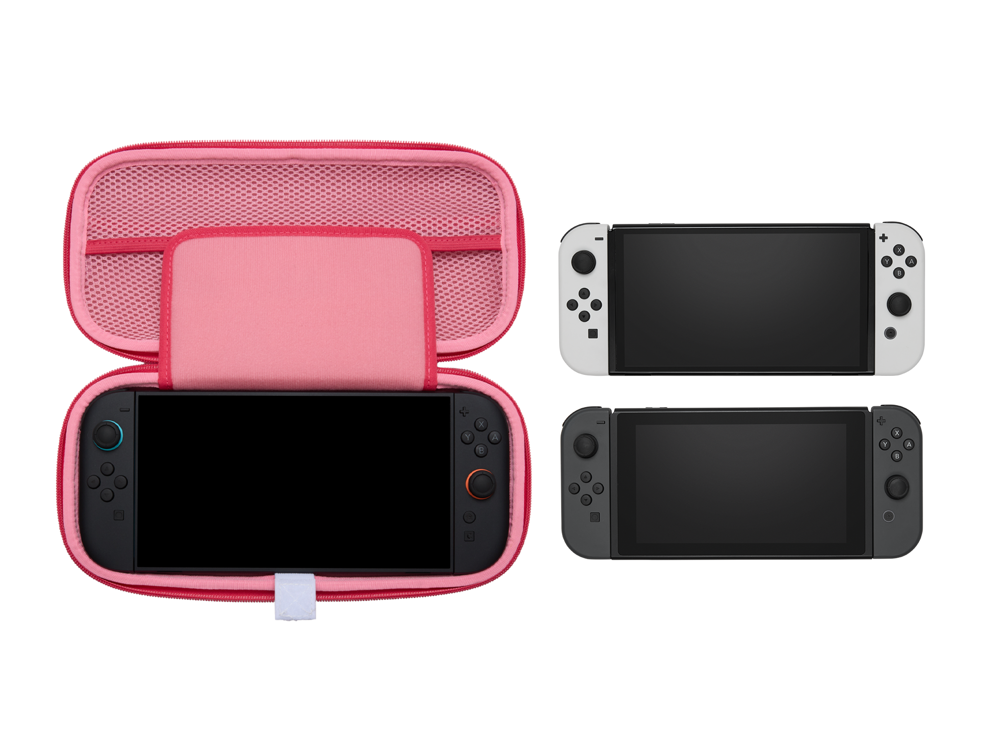 Das Bild zeigt eine Nintendo Switch-Konsole in einem rosa Etui und zwei Konsolen außerhalb des Etuis, eine weiße und eine graue.