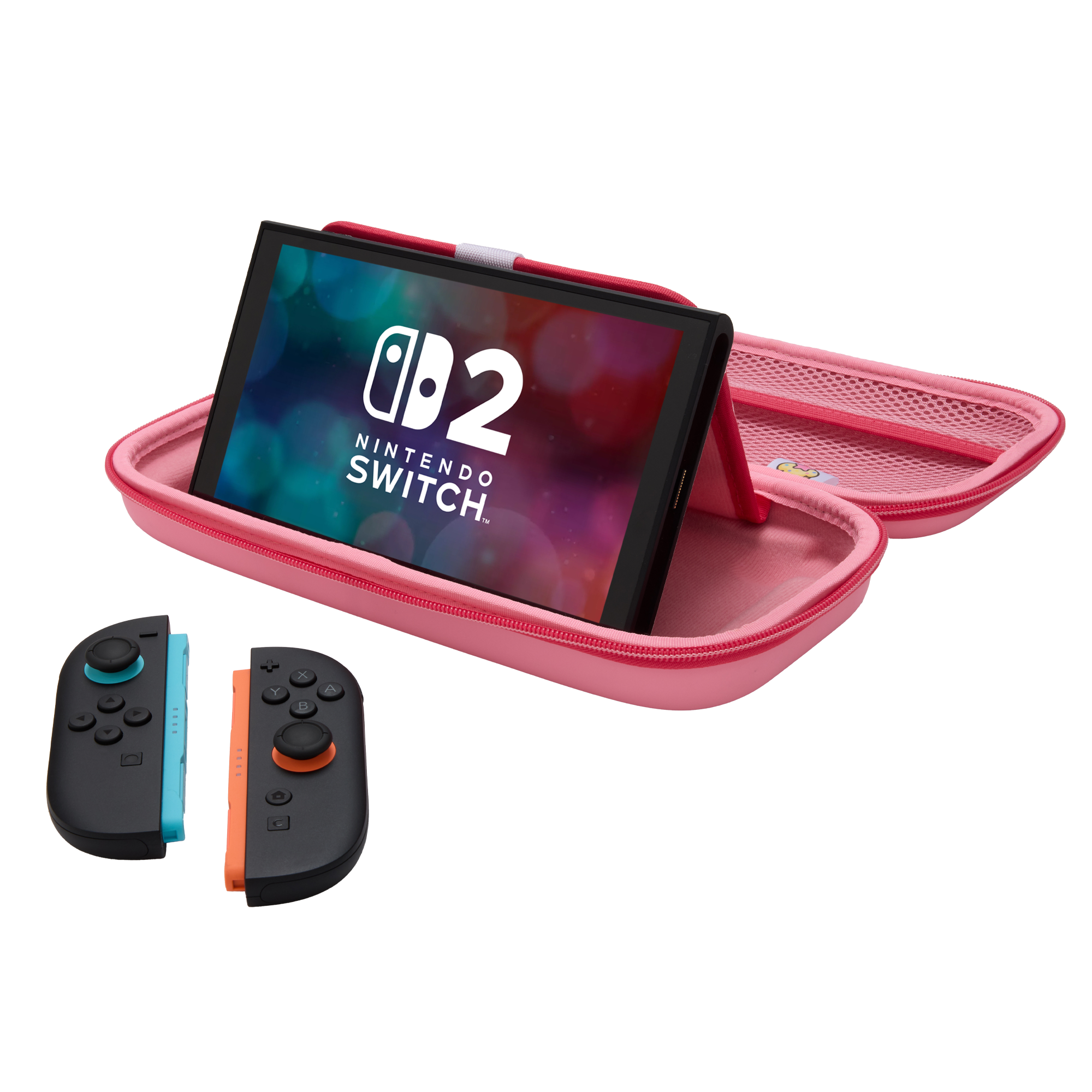 Nintendo Switch-Konsole in einem rosa Etui mit abgenommenen Controllern. Anzeige des Nintendo Switch-Logos.