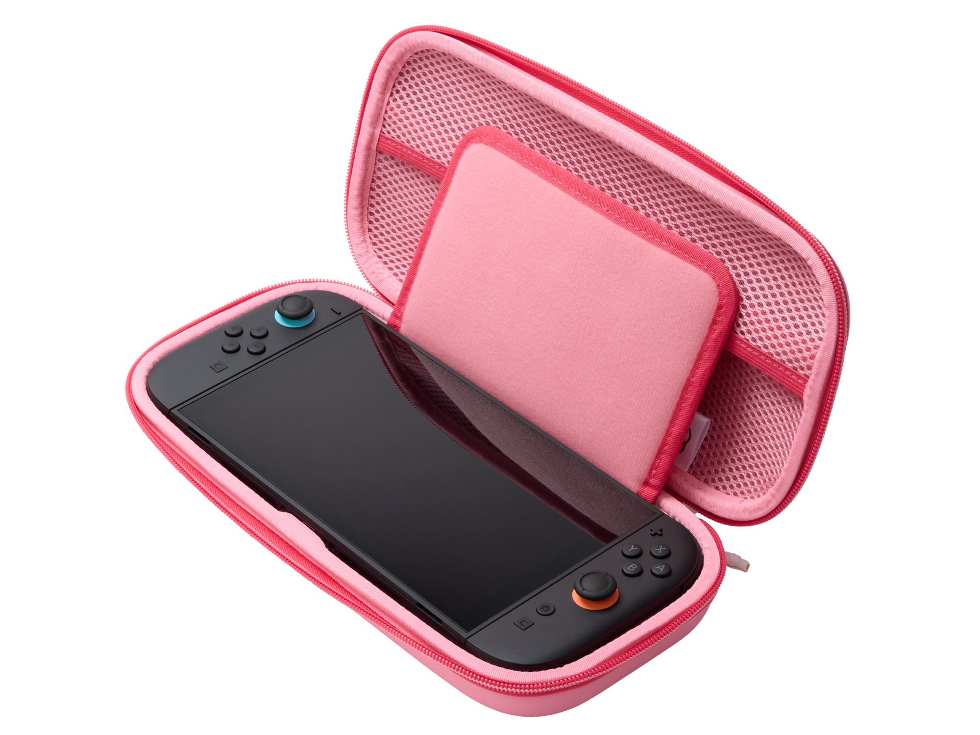Ein rosa Nintendo Switch-Etui, geöffnet, um die Konsole im Inneren zu zeigen. Enthält einen rosa Bildschirmschutz und eine Netztasche.