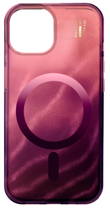 Transparente iPhone-Hülle mit rosa-lila Wirbeldesign. Ein kreisförmiges MagSafe befindet sich in der Mitte. Die Hülle hat einen Markennamen.