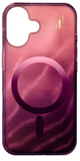 Eine Handyhülle mit rosa-violettem Farbverlauf. Sie hat einen Kreis und ein kleineres Rechteck in der Mitte. Der Markenname ist sichtbar.
