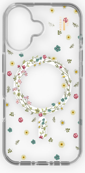 Transparente Handyhülle mit floralem Design. Mit Blumenkreis und verstreuten Blumenmustern. Weißer Hintergrund.