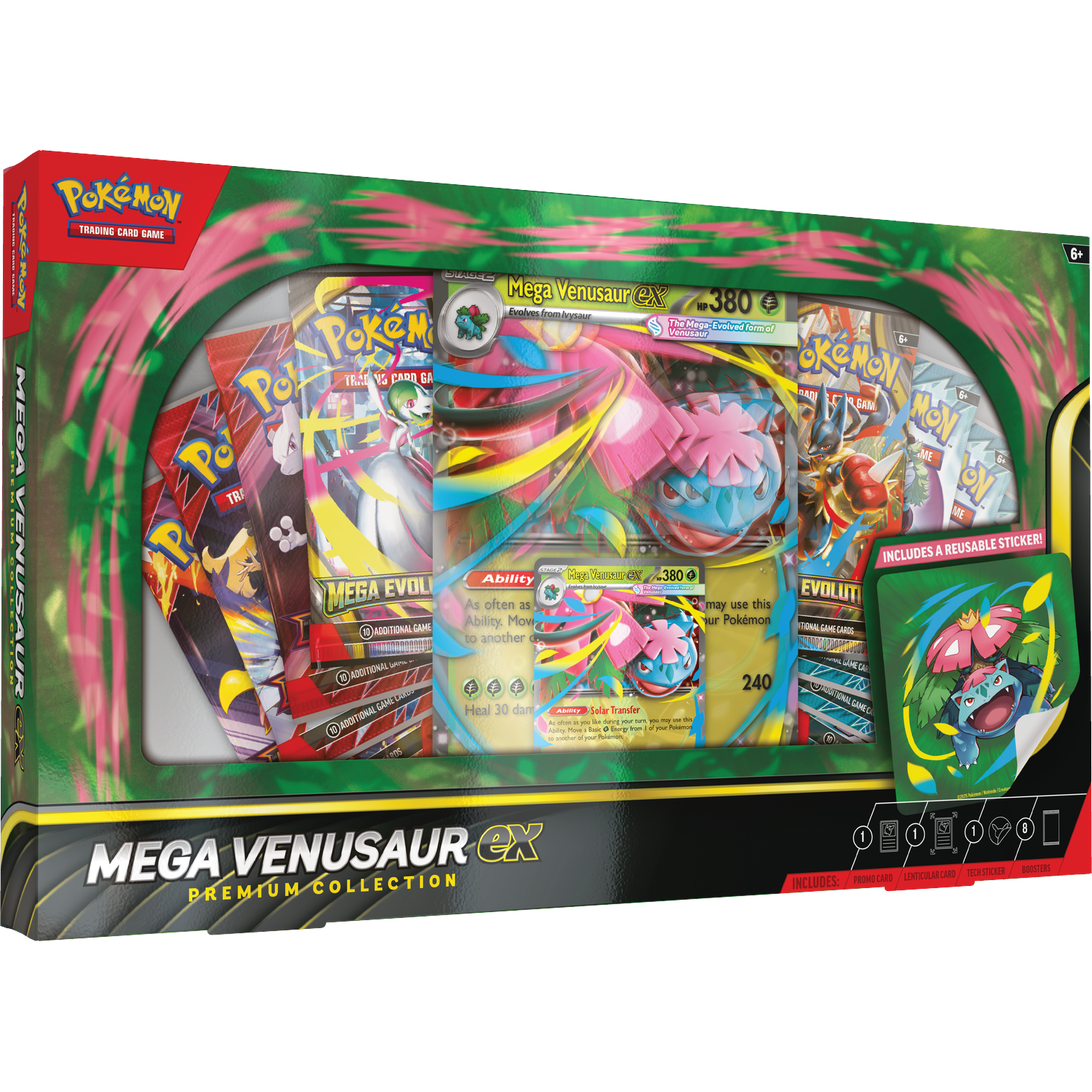 Une boîte de collection Premium Pokemon Mega Venusaur EX. Elle contient des cartes Pokemon, un autocollant et des boosters.