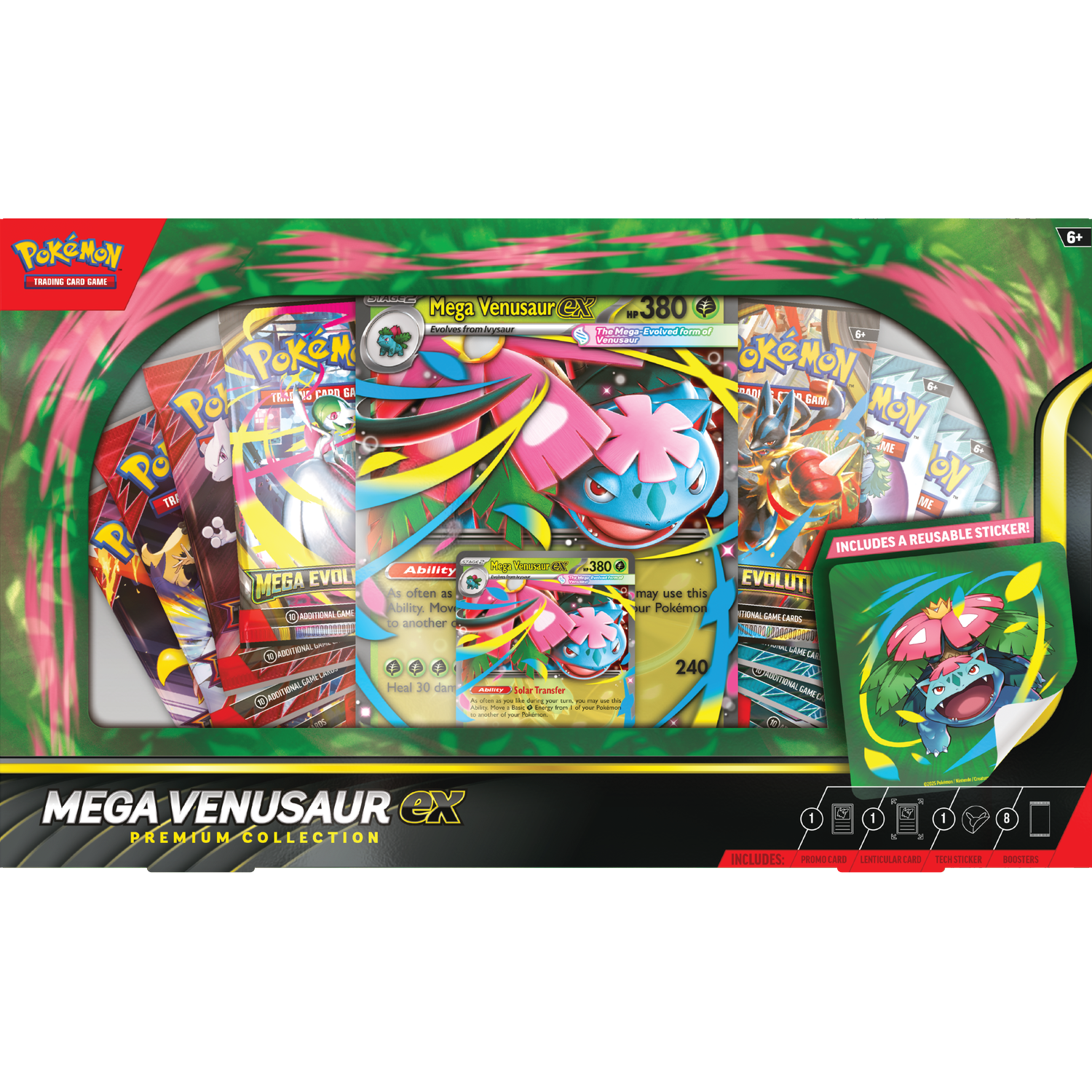 Une boîte de collection premium Pokémon Mega Venusaur EX. Elle comprend des cartes, des autocollants et des boosters.
