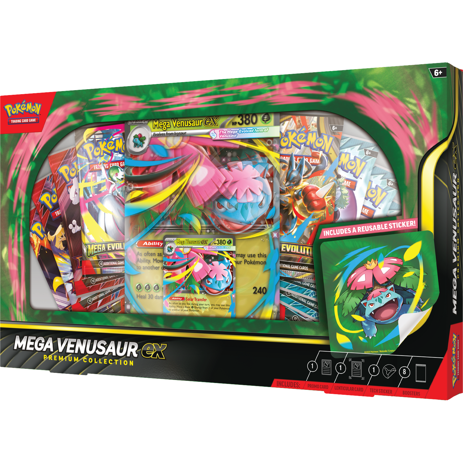 Une boîte de jeu de cartes à collectionner Pokémon. Elle comprend cartes, autocollant et boosters, avec Mega Venusaur en avant.