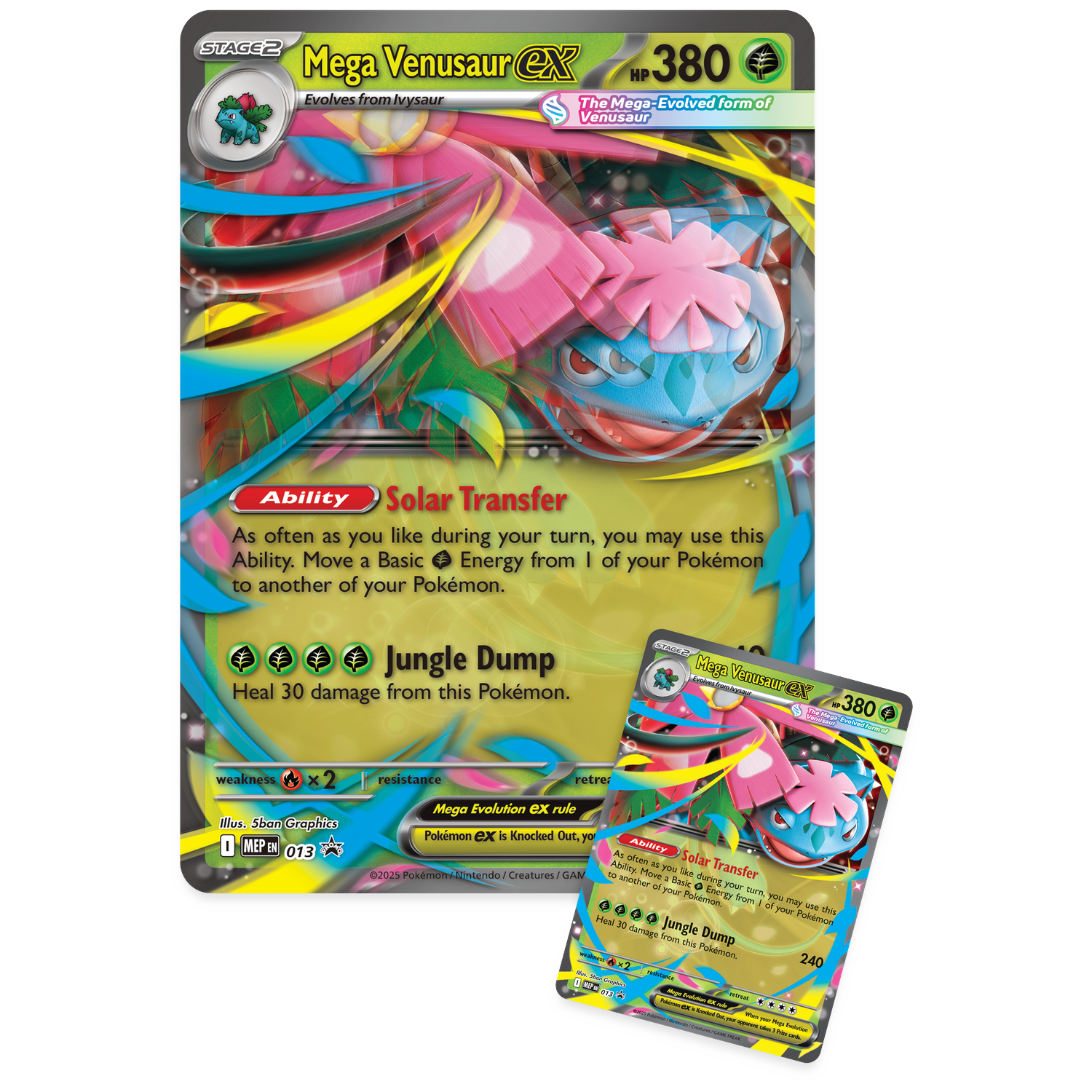 Deux cartes Pokémon. La carte avant montre Mega Venusaur EX, avec des illustrations colorées et des détails du jeu. La carte de fond est floue.