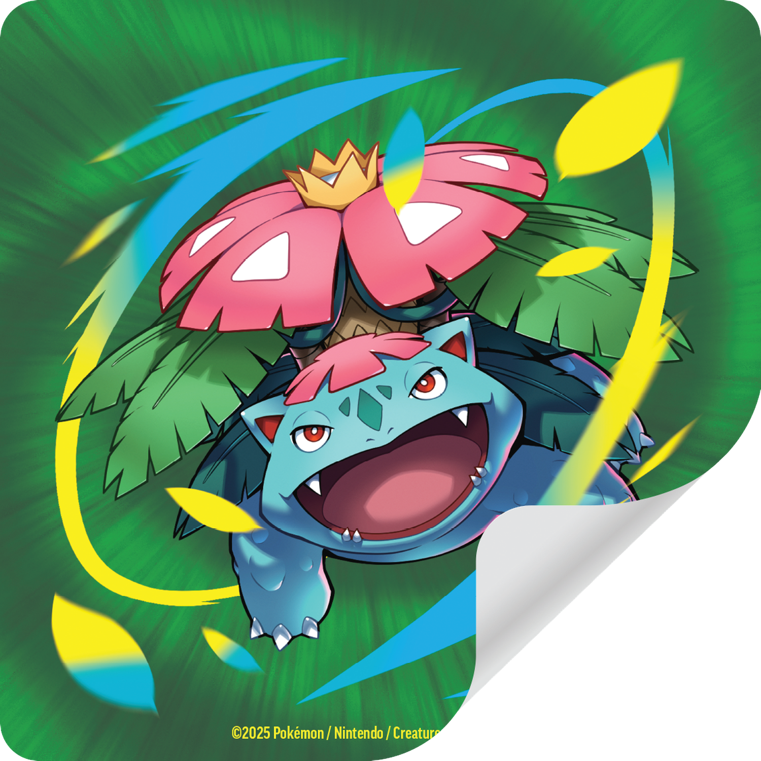 Une illustration de Florizarre avec une fleur rose, des feuilles vertes et un corps bleu sur fond vert. Le coin est décollé.