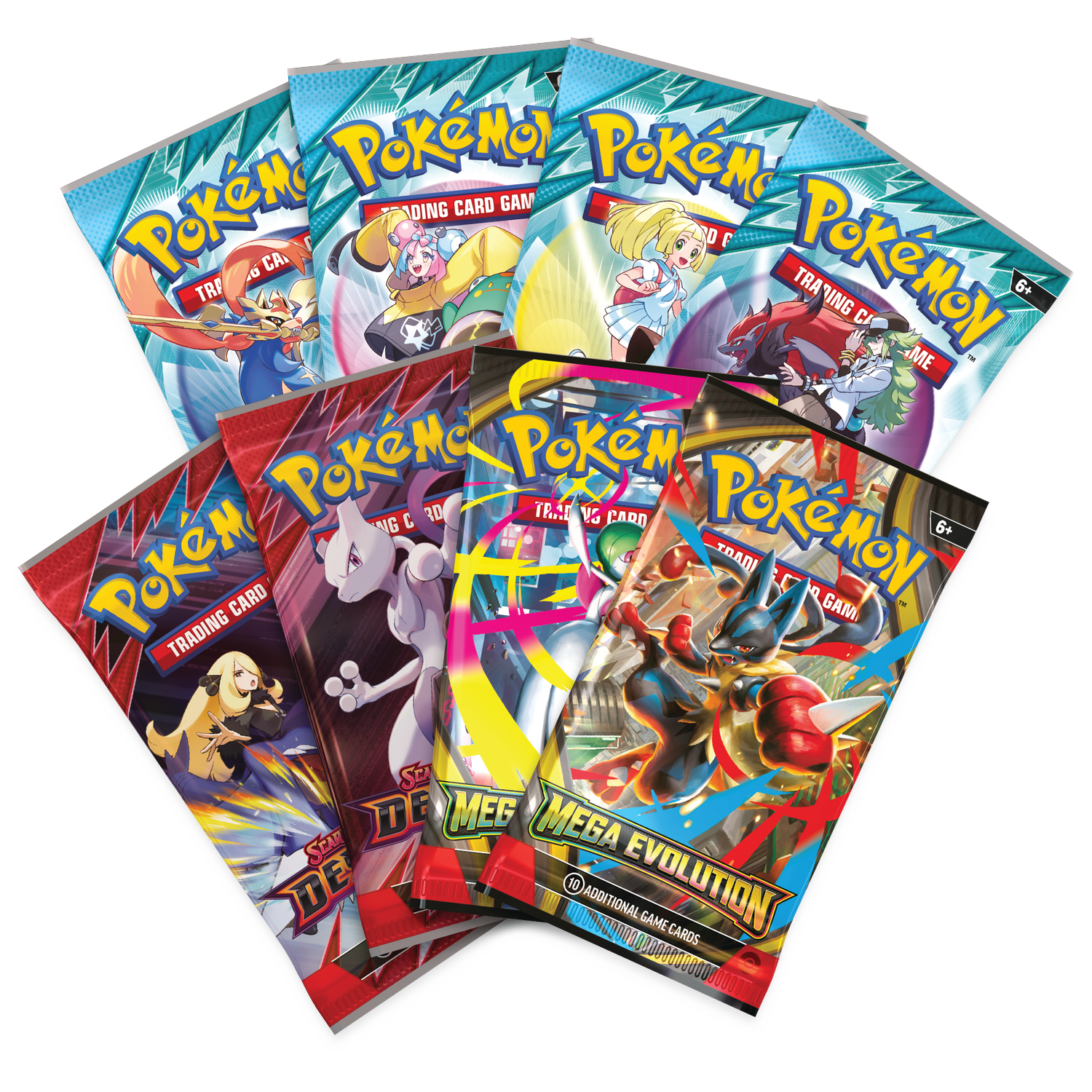Sept paquets de cartes à collectionner Pokémon sont déployés. Chaque paquet présente différents personnages et couleurs, avec le texte 'Pokemon'.