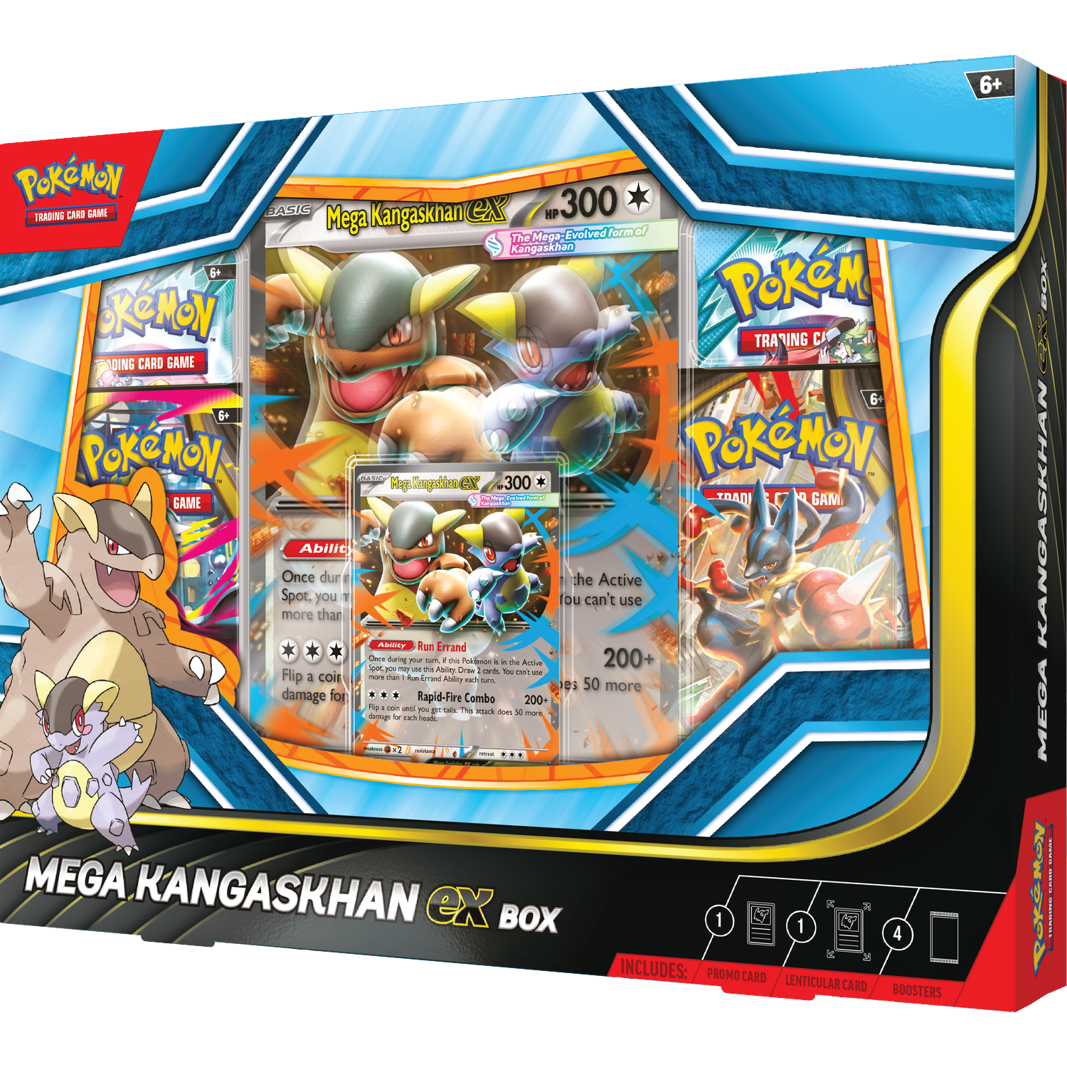 Une boîte Pokemon Mega Kangaskhan EX avec des cartes, des illustrations et des logos de Kangaskhan et des éléments de jeu.