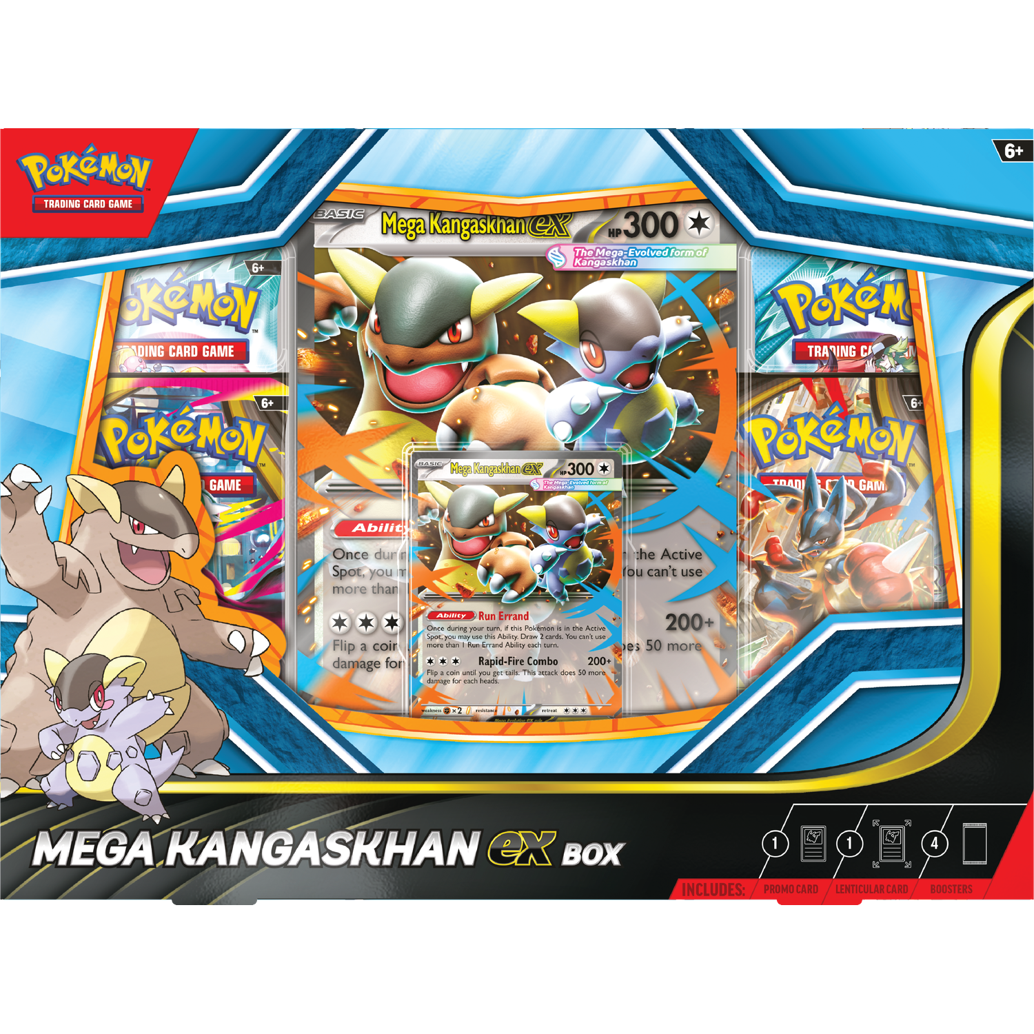 Une boîte Pokémon Mega Kangaskhan EX. Elle comprend des cartes et des boosters. La boîte présente le Pokémon et le logo du jeu.