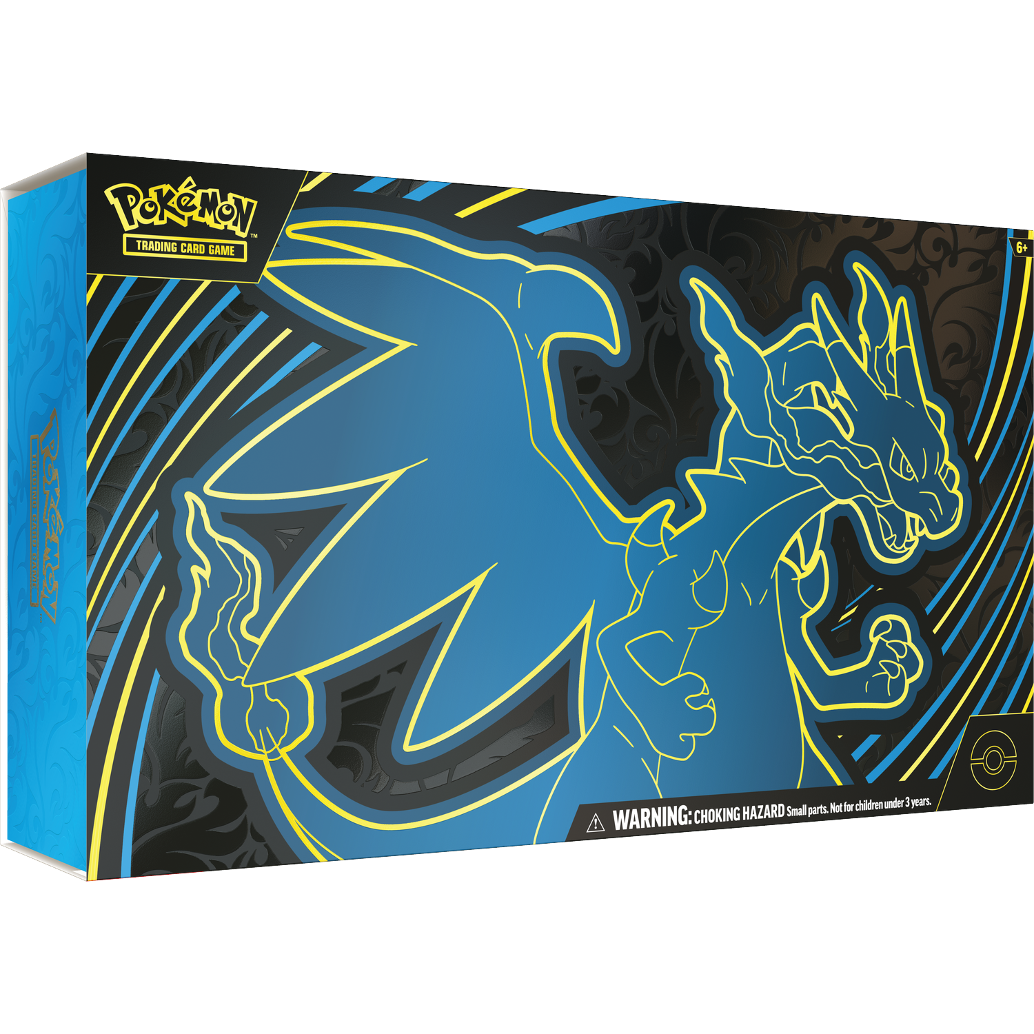 Een Pokémon trading card game doos. Het heeft een Charizard-omtrek, blauw en geel design. Waarschuwing: verstikkingsgevaar. Niet voor kinderen jonger dan 3 jaar.