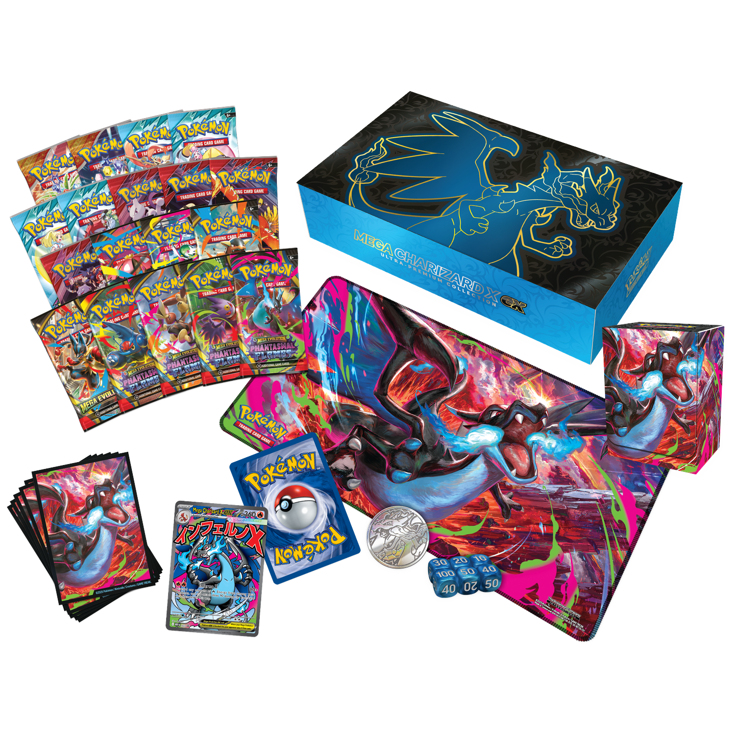 Een Pokémon-kaartspelset met pakjes, een doos, een speelmat, sleeves, dobbelstenen, een munt en kaarten met Charizard.