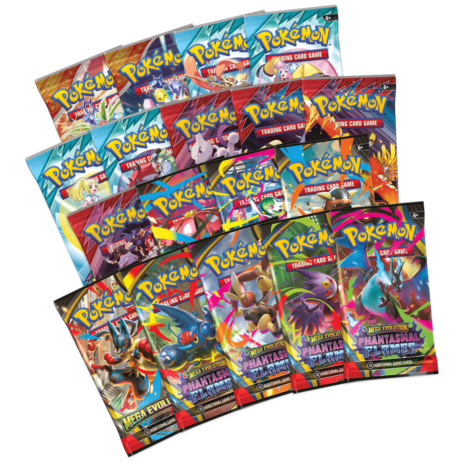 Verschillende Pokémon-kaartenpakketten zijn uitgespreid. Elk pakket toont kleurrijke afbeeldingen van Pokémon-personages met tekst.