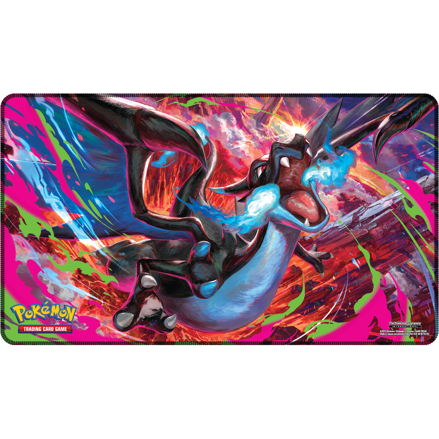Een Charizard-illustratie op een speelmat. Het is omgeven door levendige kleuren roze, groen en blauw, met het Pokémon-logo.
