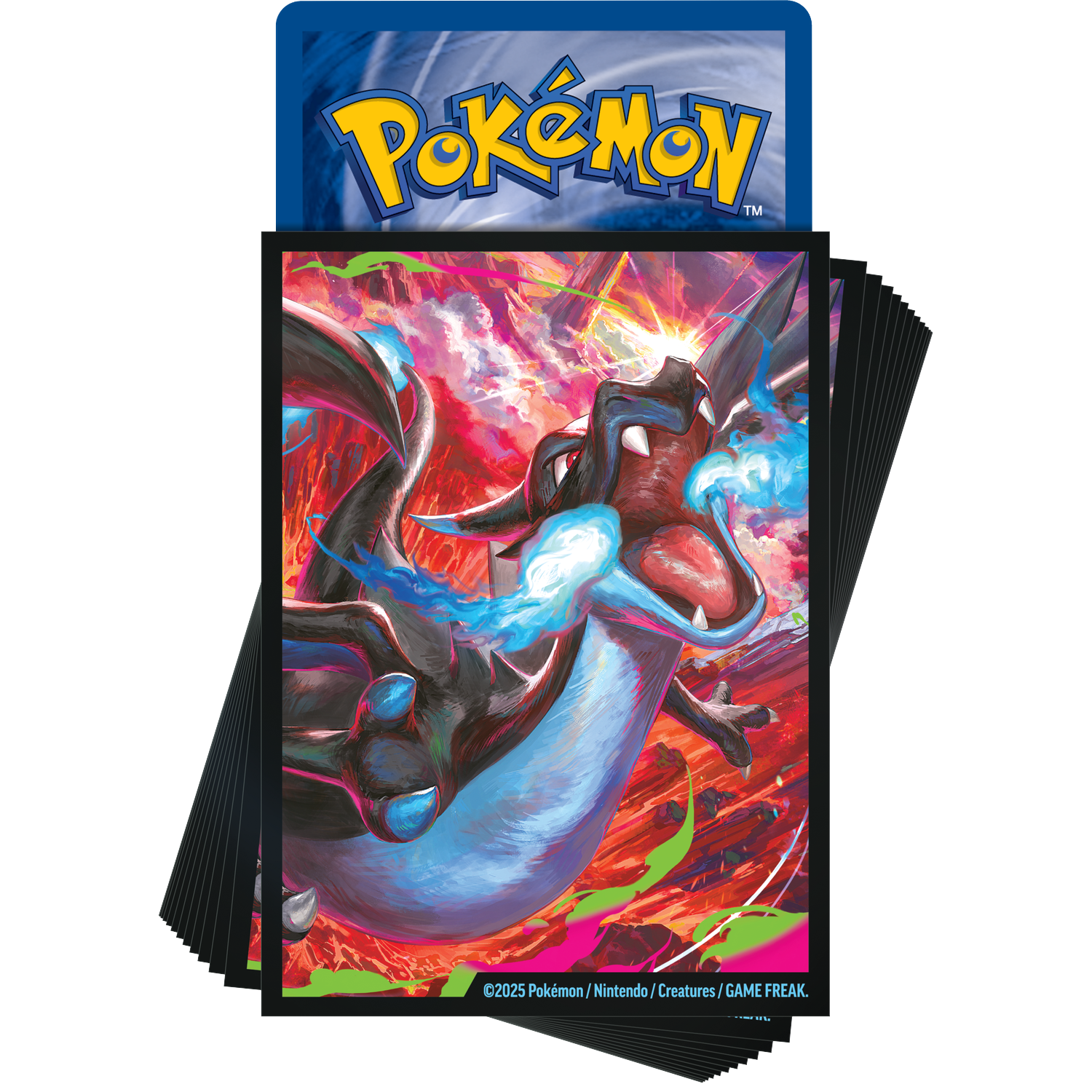 Pokémon kaarthoezen. Charizard-illustratie met blauwe vlammen op rode achtergrond. Pokémon-logo bovenaan.