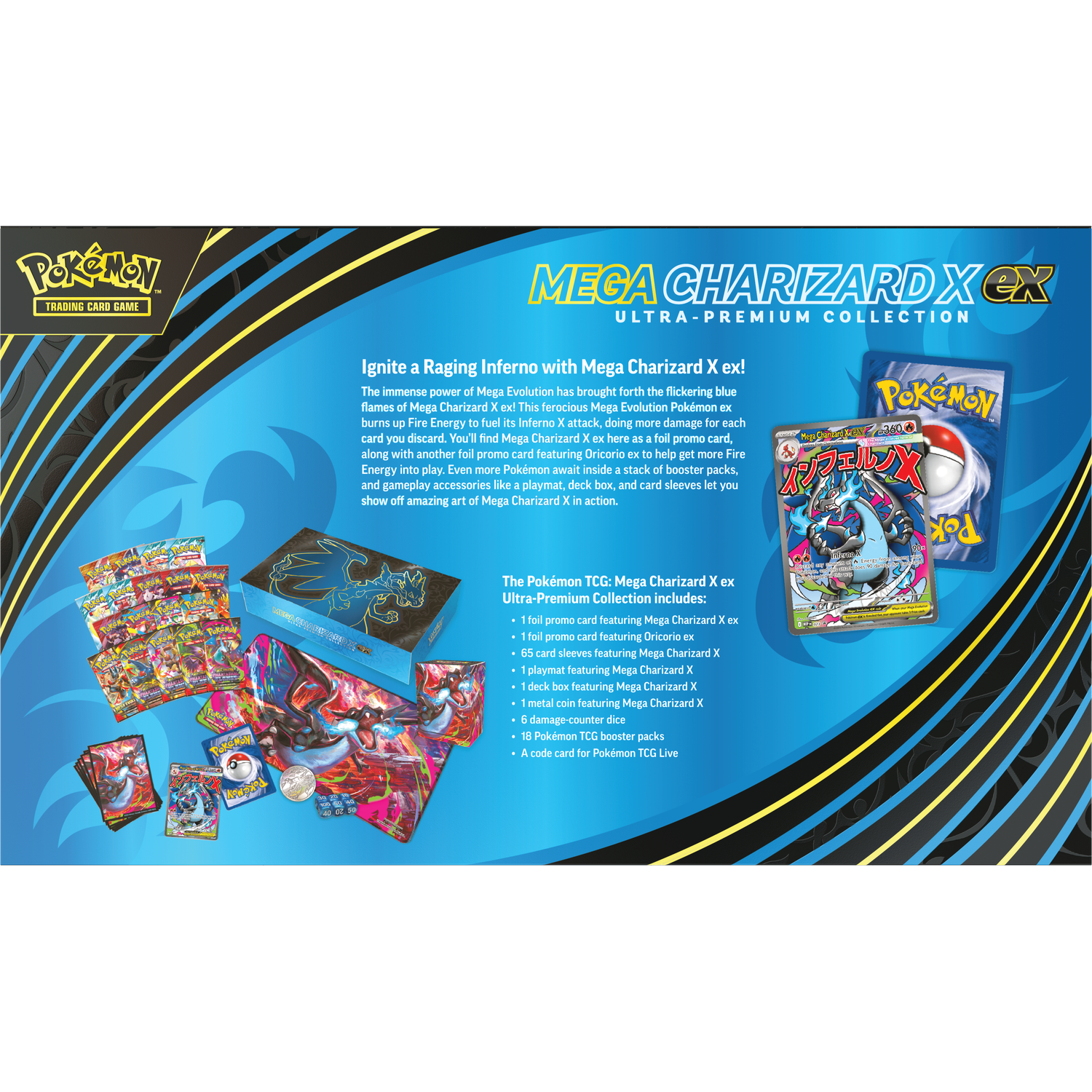 De afbeelding toont een Pokémon TCG Mega Charizard X ex Ultra-Premium Collection, met kaarten, een speelmat en een deckbox.
