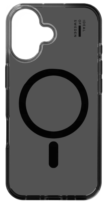 Transparente Handyhülle mit schwarzem Magnetring und schwarzem Rechteck. Auf der Hülle steht Ideal of Sweden.