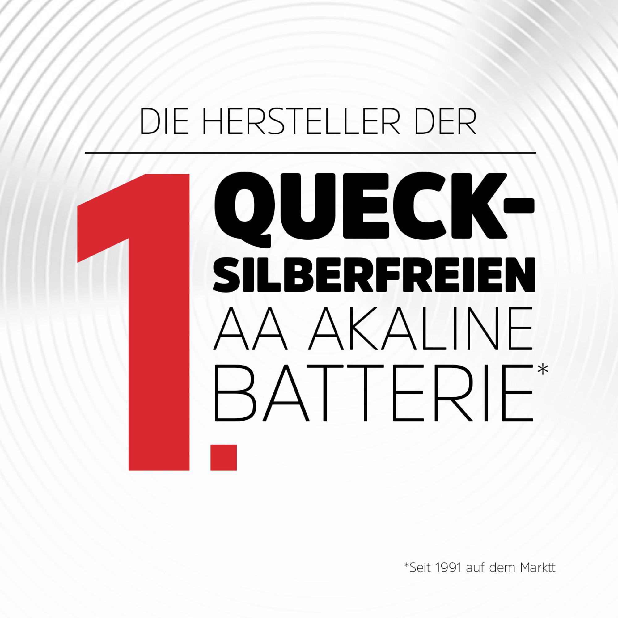 Bild mit Text: 'Die Hersteller der 1 Queck- Silberfreien AA Alkaline Batterie' mit roter '1' auf weißem Grund.