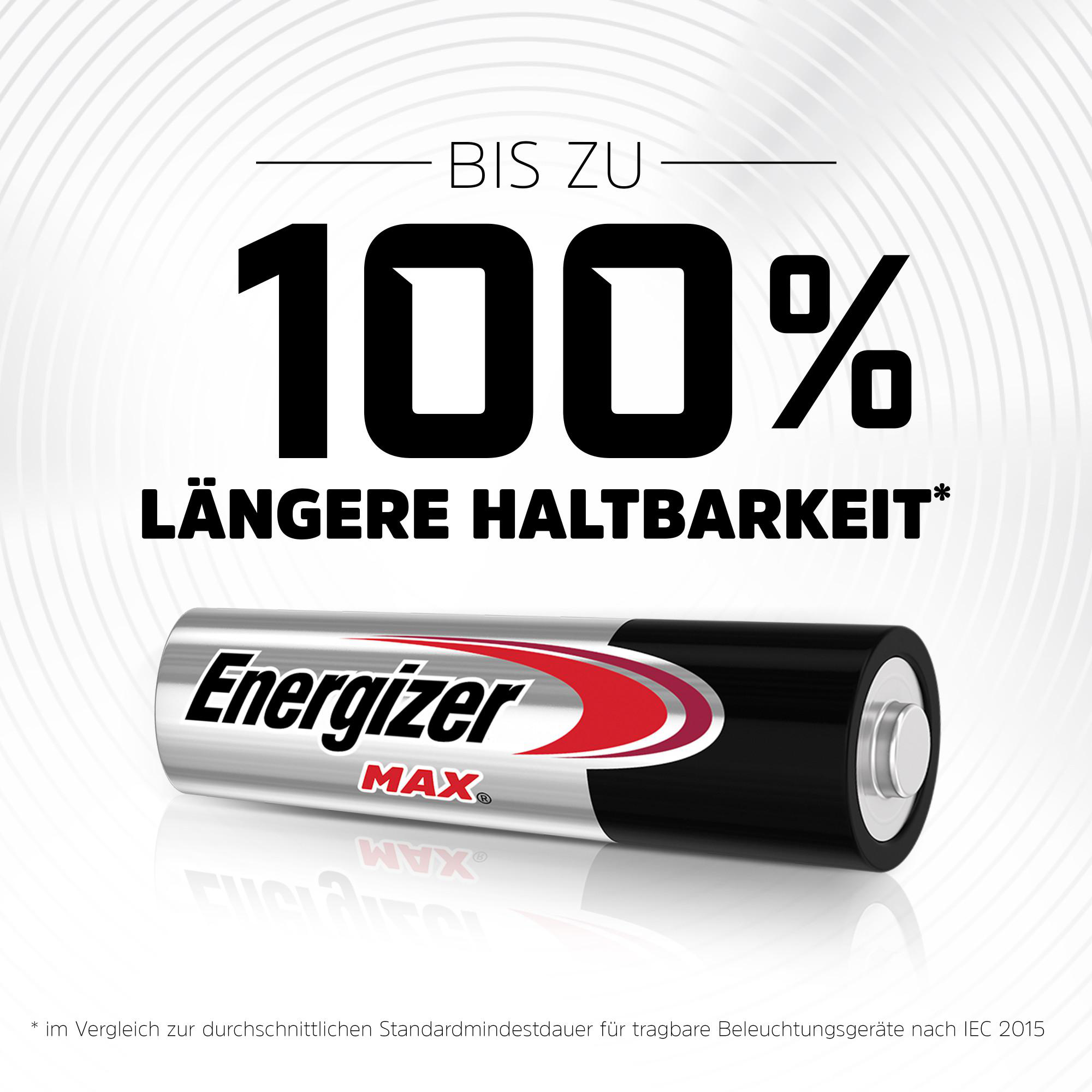 Das Bild zeigt eine Energizer MAX-Batterie mit Text, der eine 100% längere Lebensdauer anzeigt. Schwarze und silberne Batterie mit roten Akzenten.