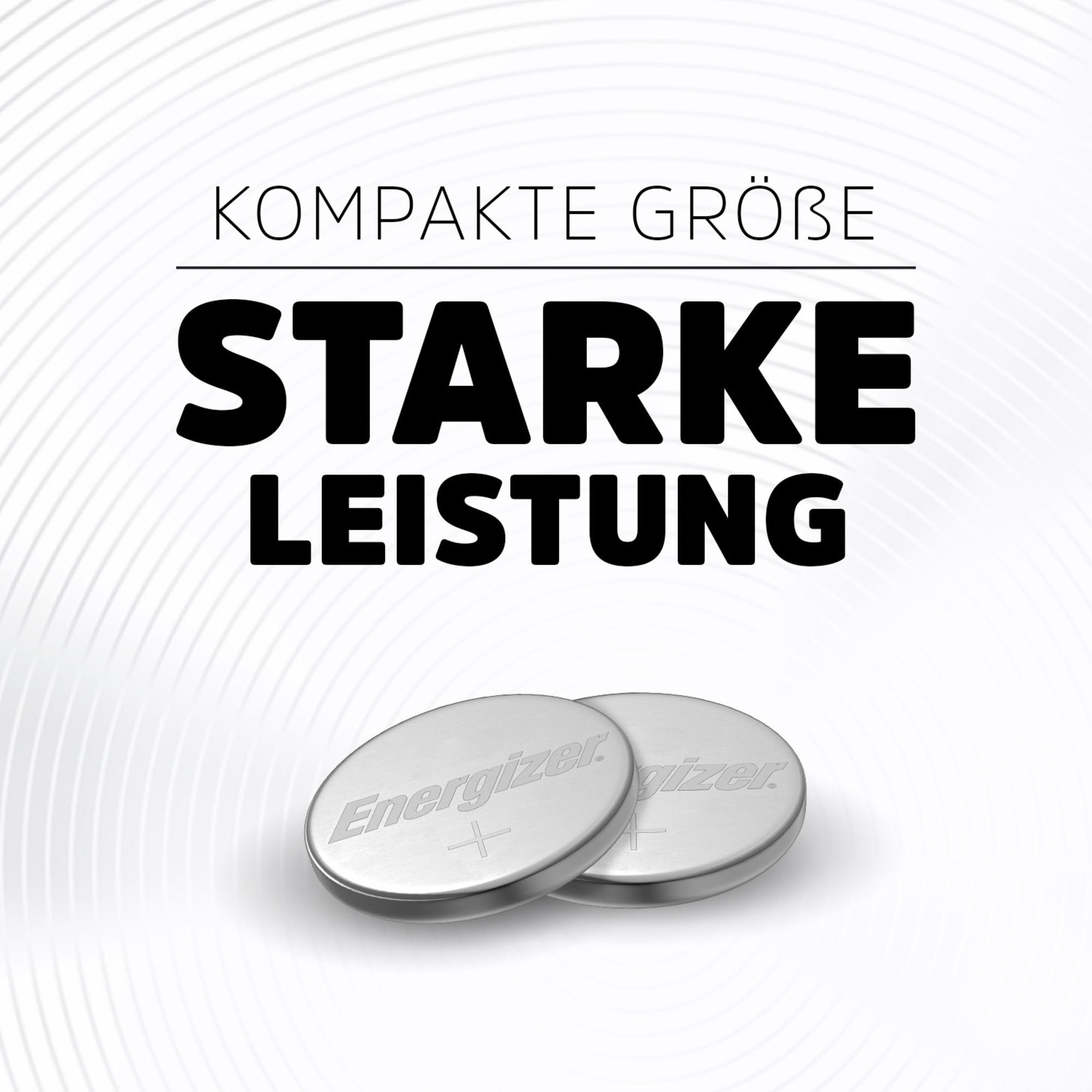 Das Bild zeigt zwei Energizer-Batterien. Der Text lautet 'Kompakte Größe', 'Starke Leistung'. Der Hintergrund ist weiß mit geschwungenen Linien.