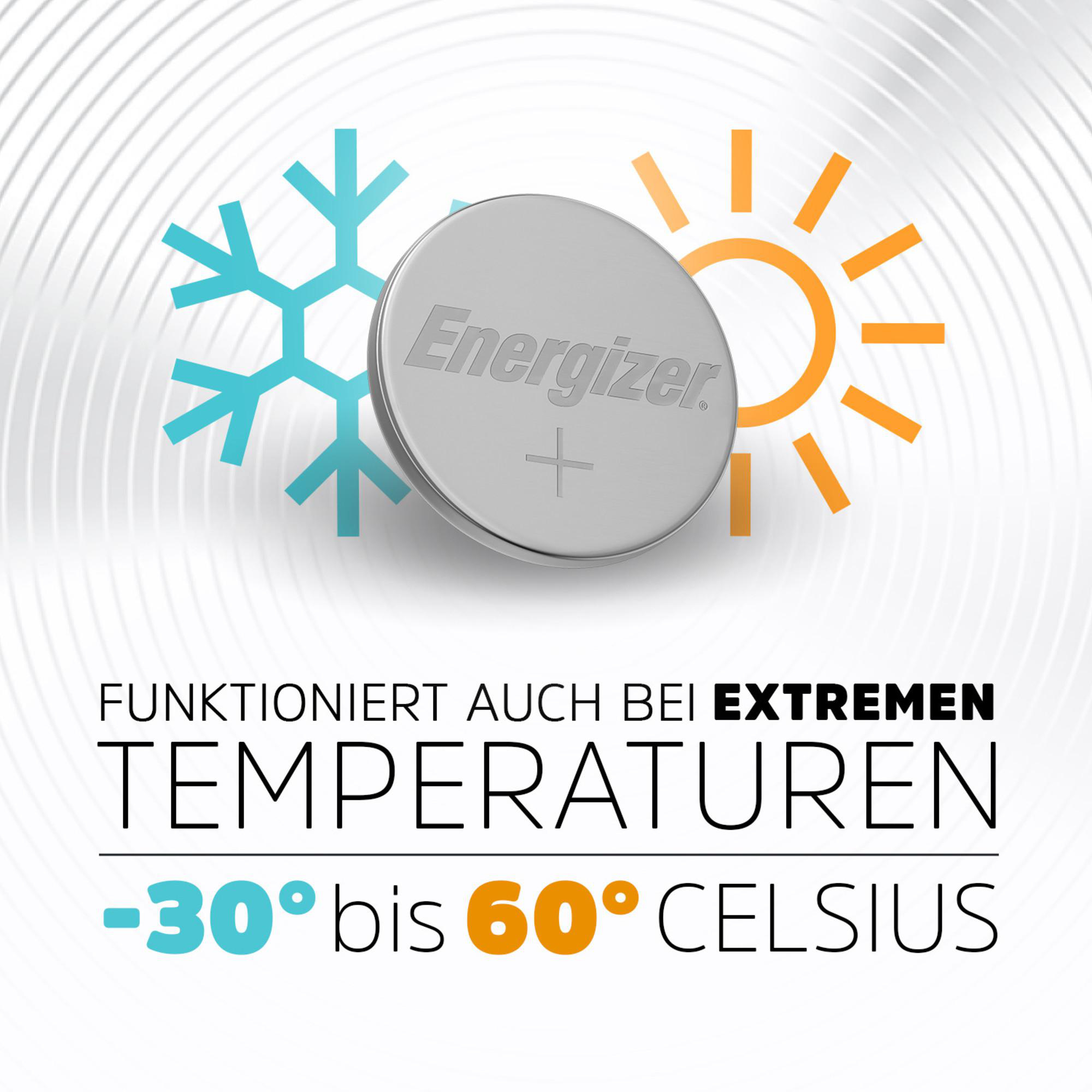 Bild zeigt eine Energizer-Batterie mit Schneeflocke und Sonne, was auf Funktion bei extremen Temperaturen hinweist.