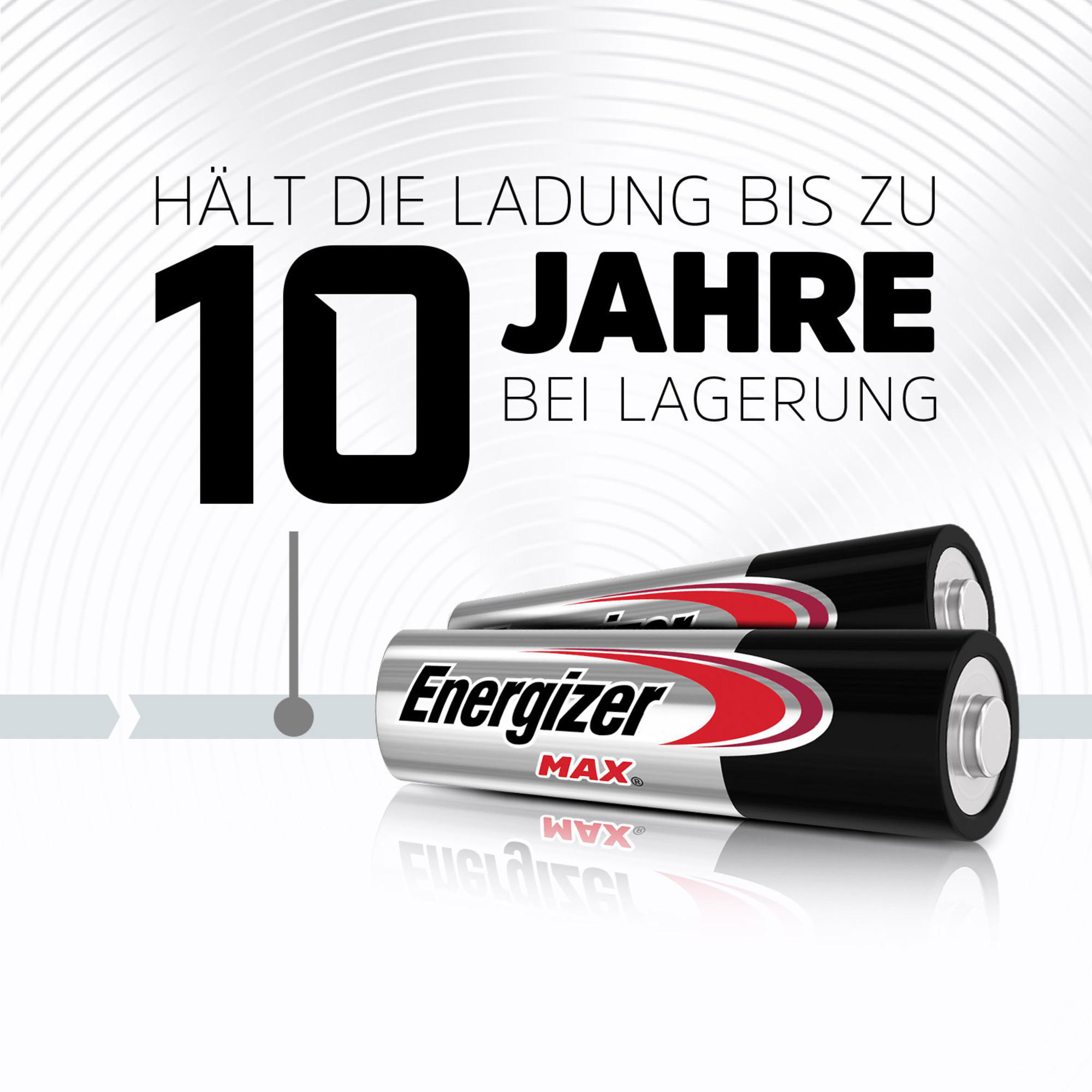 Das Bild zeigt zwei Energizer MAX Batterien. Text: Hält die Ladung bis zu 10 Jahre bei Lagerung.