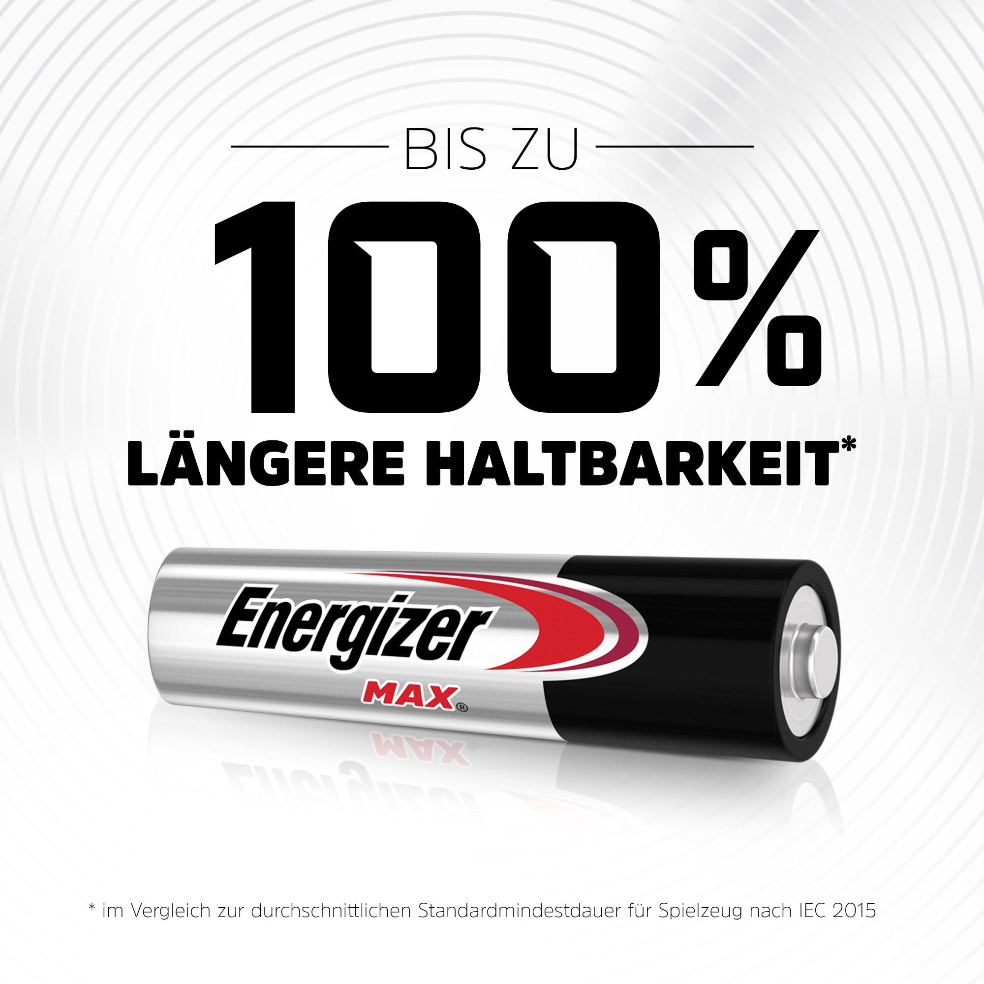 Das Bild zeigt eine Energizer MAX-Batterie mit Text, der 100 % längere Lebensdauer anzeigt. Weißer Hintergrund mit schwarzem Text.