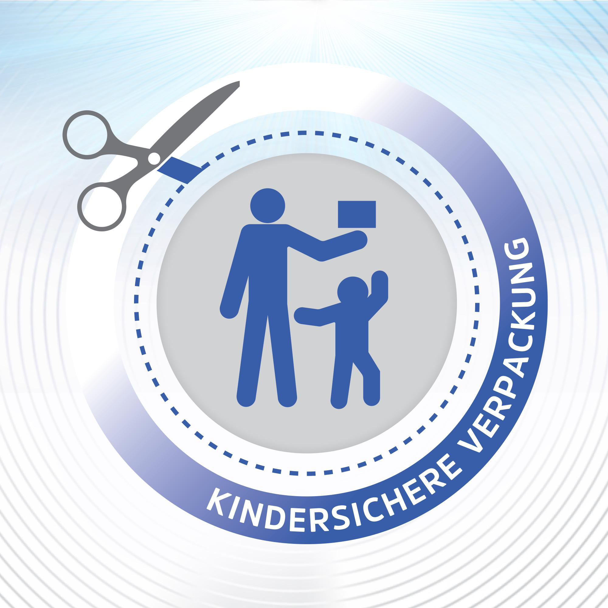 Das Bild zeigt ein blaues Symbol eines Elternteils und Kindes, eine Schere, die eine gestrichelte Linie schneidet, und den Text 'Kindersichere Verpackung'.