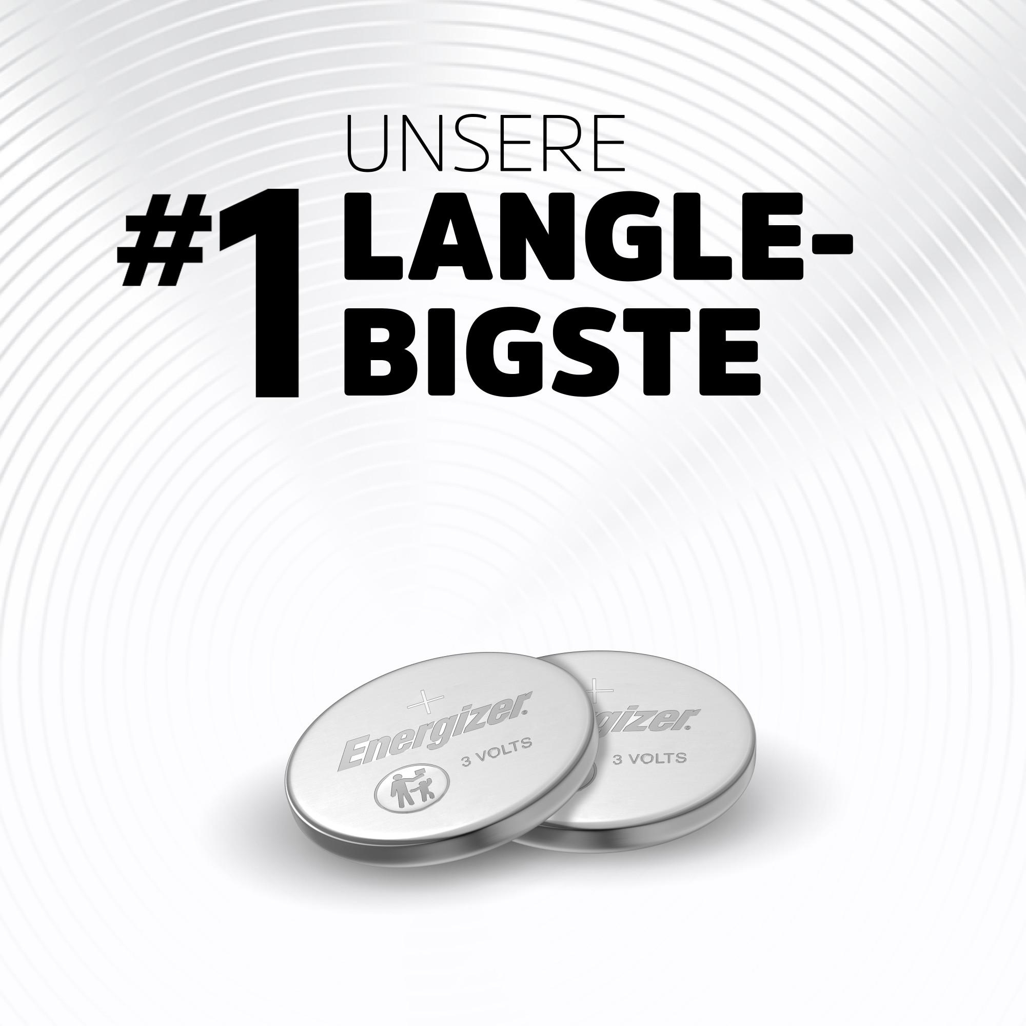 Das Bild zeigt zwei Knopfzellenbatterien. Der Text lautet „Unsere #1 Langlebigste“. Markennamen und Spannung sind ebenfalls sichtbar.