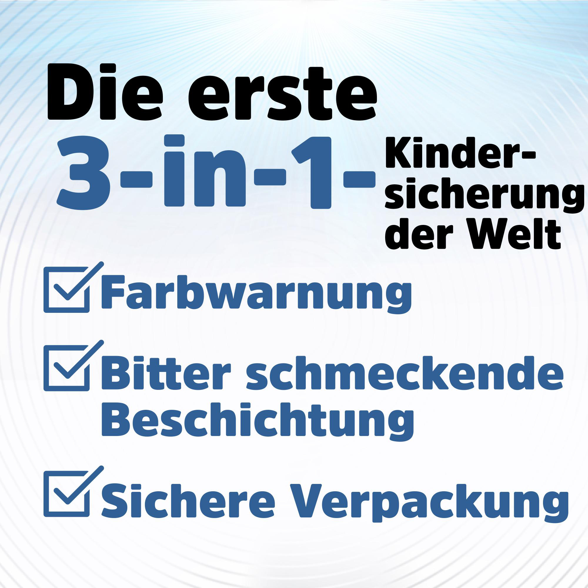 Poster mit deutschem Text. Es hebt '3-in-1' Kindersicherheit mit Farbwarnung, bitterer Beschichtung und sicherer Verpackung hervor.