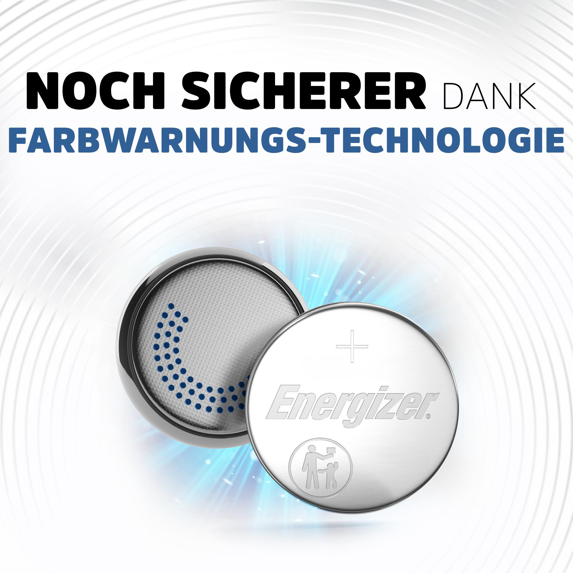 Das Bild zeigt zwei Batterien von Energizer. Eine ist zerlegt und zeigt die inneren Komponenten. Der Text oben lautet 'NOCH SICHERER'.