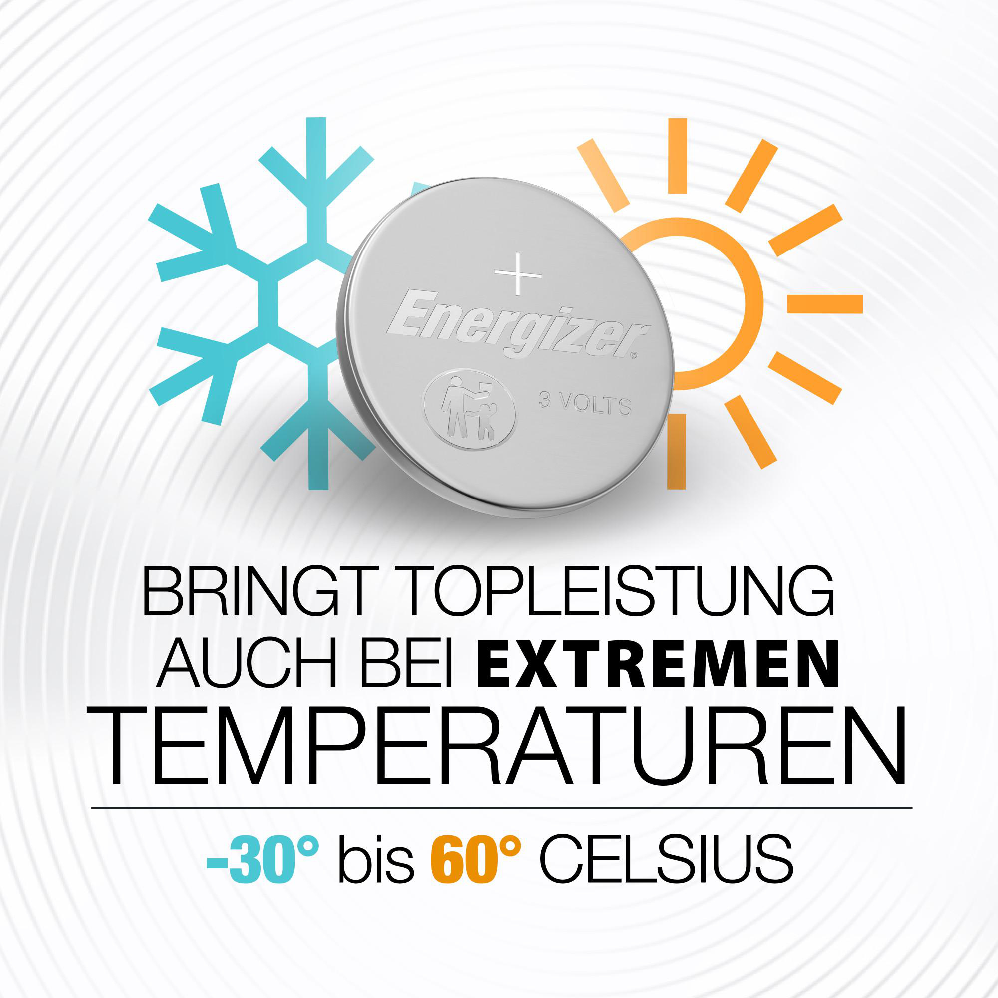 Das Bild zeigt eine Energizer-Batterie mit einer Schneeflocken- und Sonnengrafik und Text, der ihren Temperaturbereich angibt.