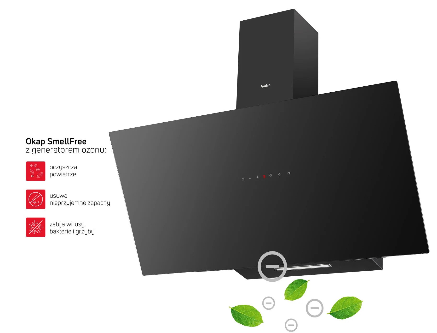 Czarny okap kuchenny marki Amica. Posiada panel dotykowy. Tekst zawiera 'Okap SmellFree' oraz ikony związane z oczyszczaniem powietrza.