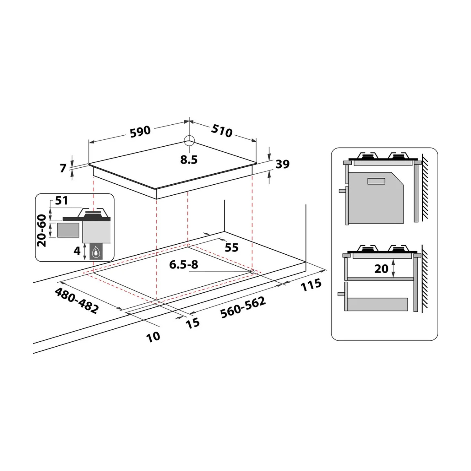 Diagramma di un piano cottura con dimensioni e sezioni trasversali. Include misure in millimetri, che mostrano le dimensioni complessive e i dettagli.