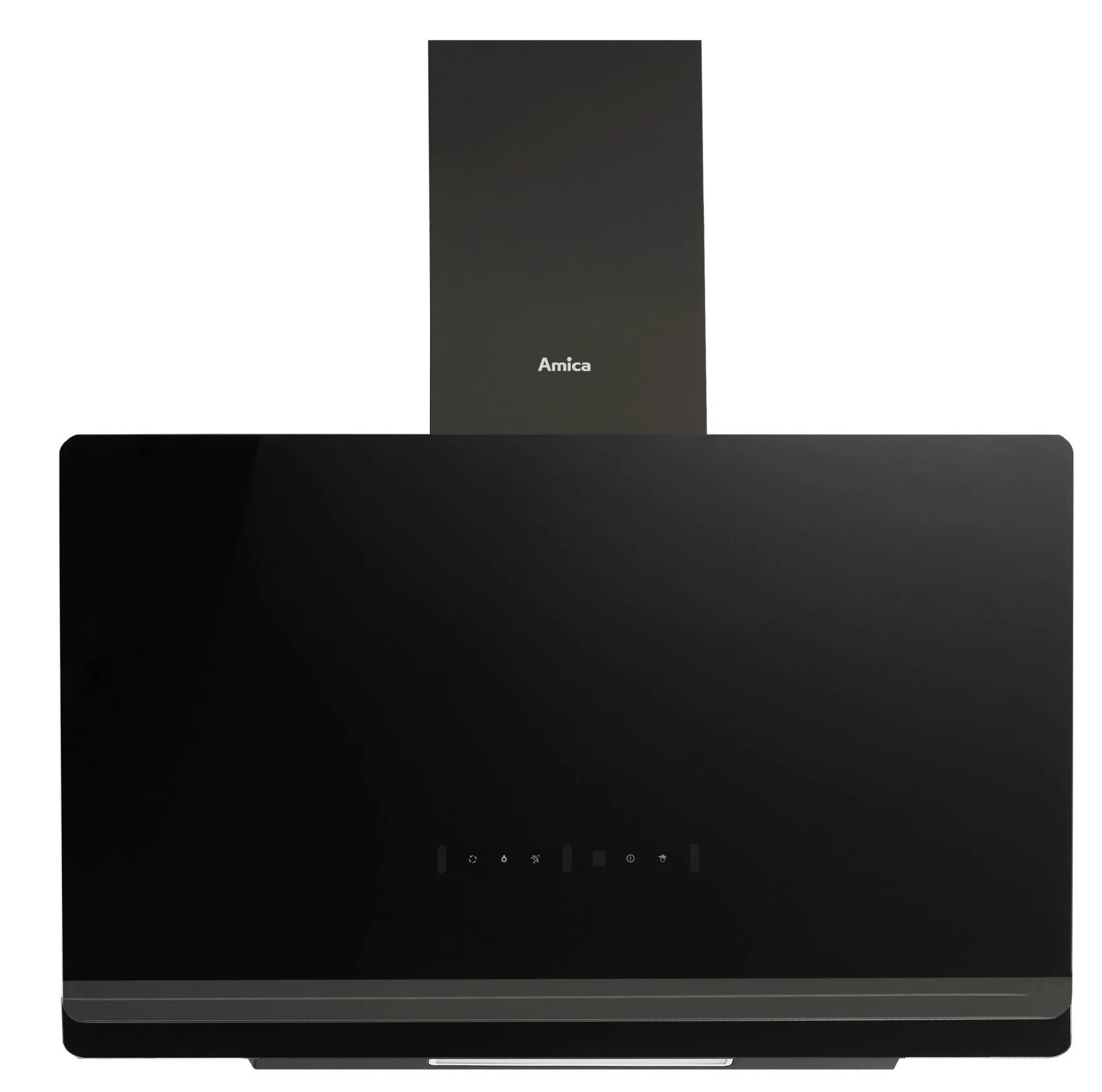 Czarny okap Amica z dotykowymi przyciskami i prostokątnym designem.