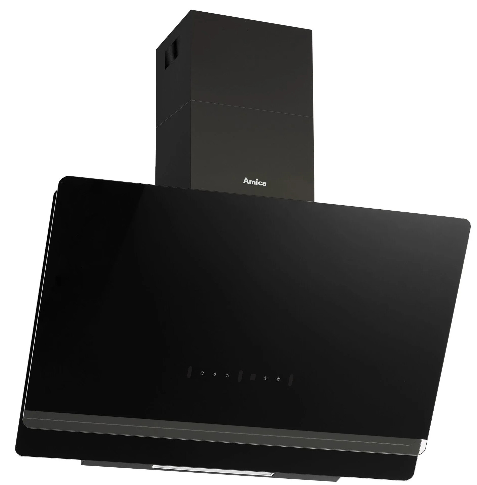 Czarny okap kuchenny marki Amica. Ma szklany front i przyciski sterowania. Tło jest białe.