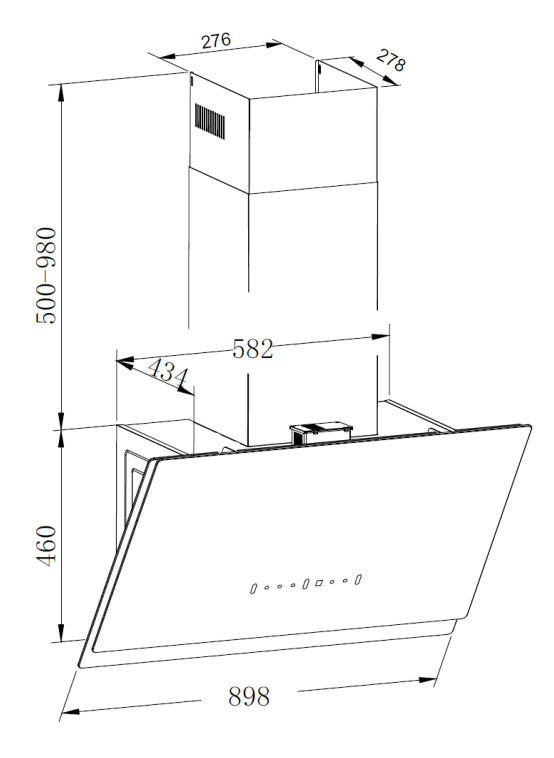 Schemat okapu kuchennego, z wymiarami w milimetrach: 898, 460, 500-980, 582, 434, 276, 278.