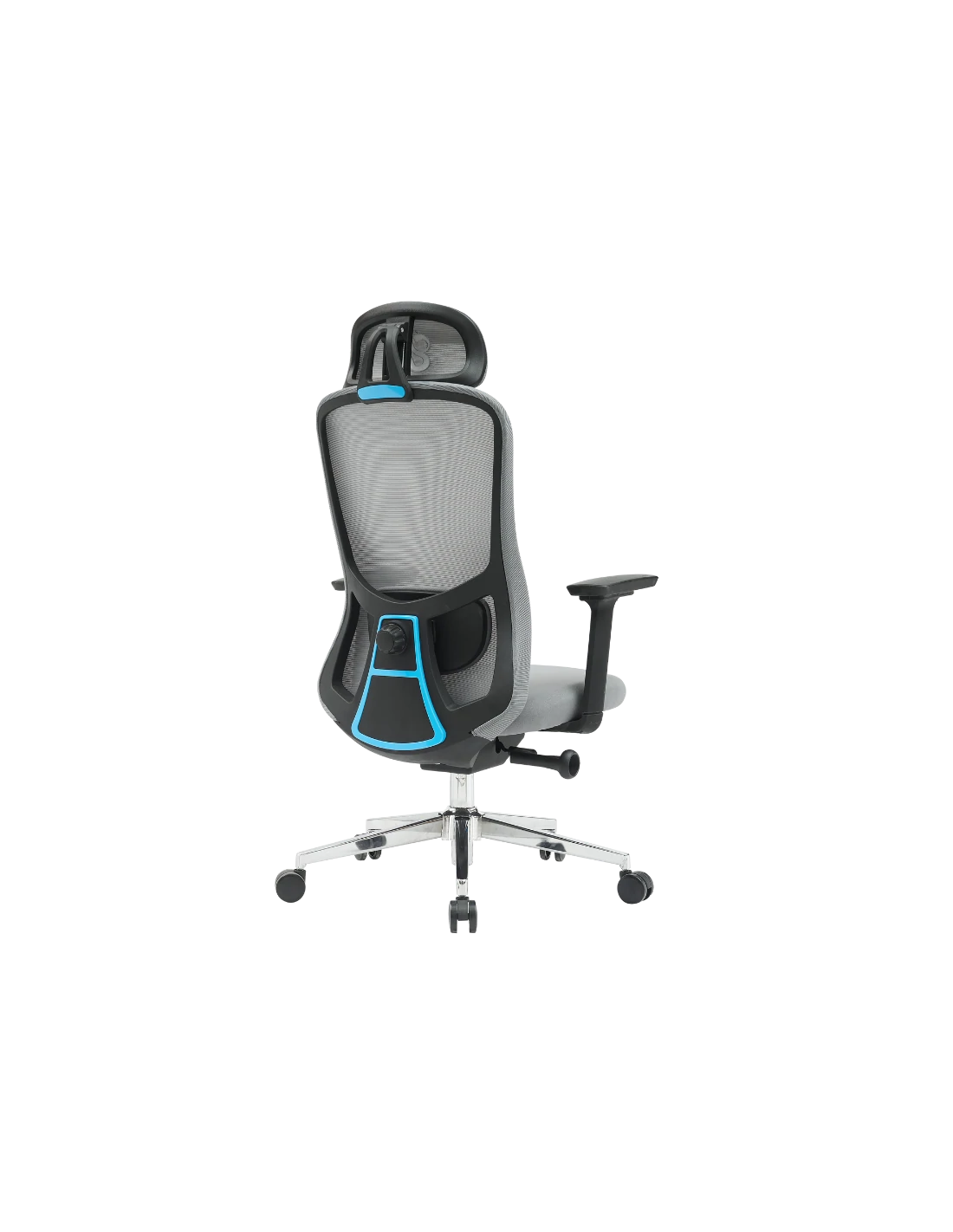 Una silla de oficina con respaldo de malla gris, marco negro y detalles azules. Tiene reposacabezas y base de cinco ruedas.